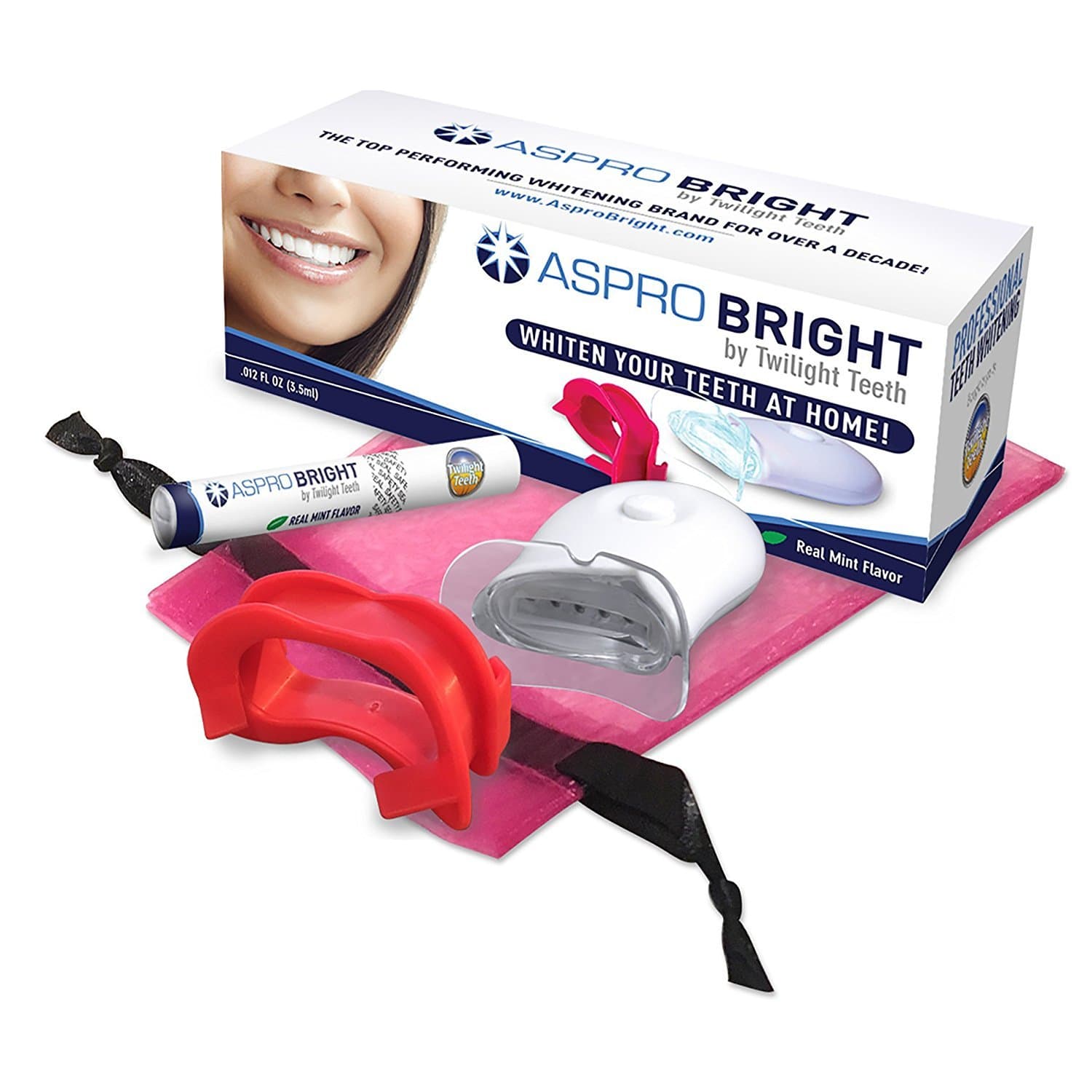 Aspro Bright Teeth Whitening Kit - Includes powerful teeth whitening light, no rinse teeth whitening gel, and teeth whitening mouthpiece, 12 professional teeth whitening applications, Real mint flavor