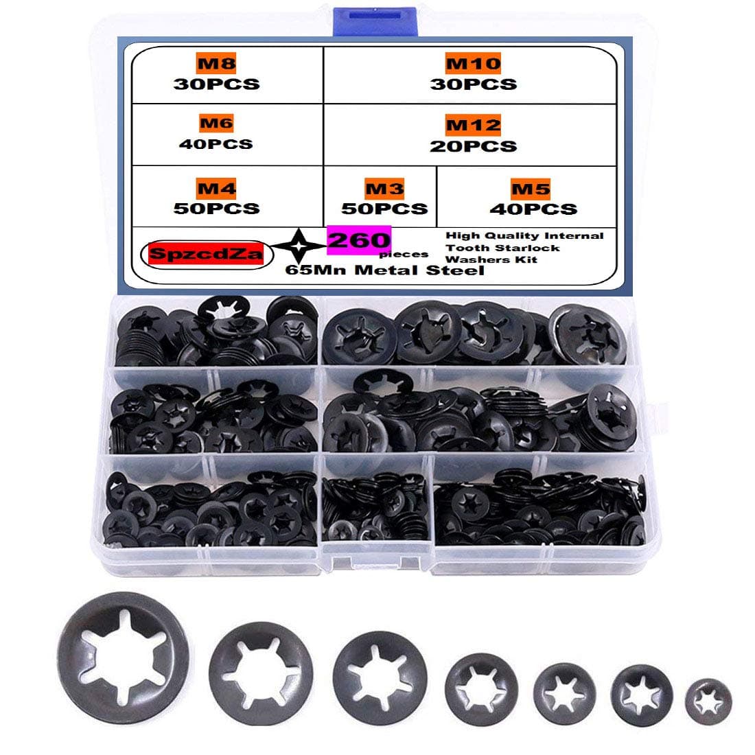 260pcs 7 Size Internal Tooth Starlock Washers Locking Washer Assortment Kit, Push On Speed Clips Fasteners Assortment Kit,Quick Speed Locking Washers,Black Oxide Finish65Mn Black Oxide Finish