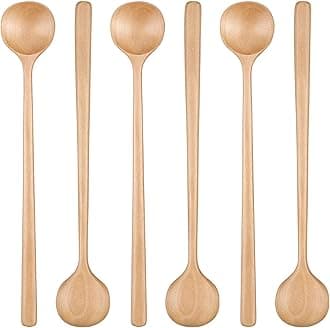 Patelai 6 Pcs 11 inch Long Spoons Wooden Long Handle Round Spoons Korean Style Soup Spoons for Soup Cooking Mixing Stirring Kitchen Tools Utensils