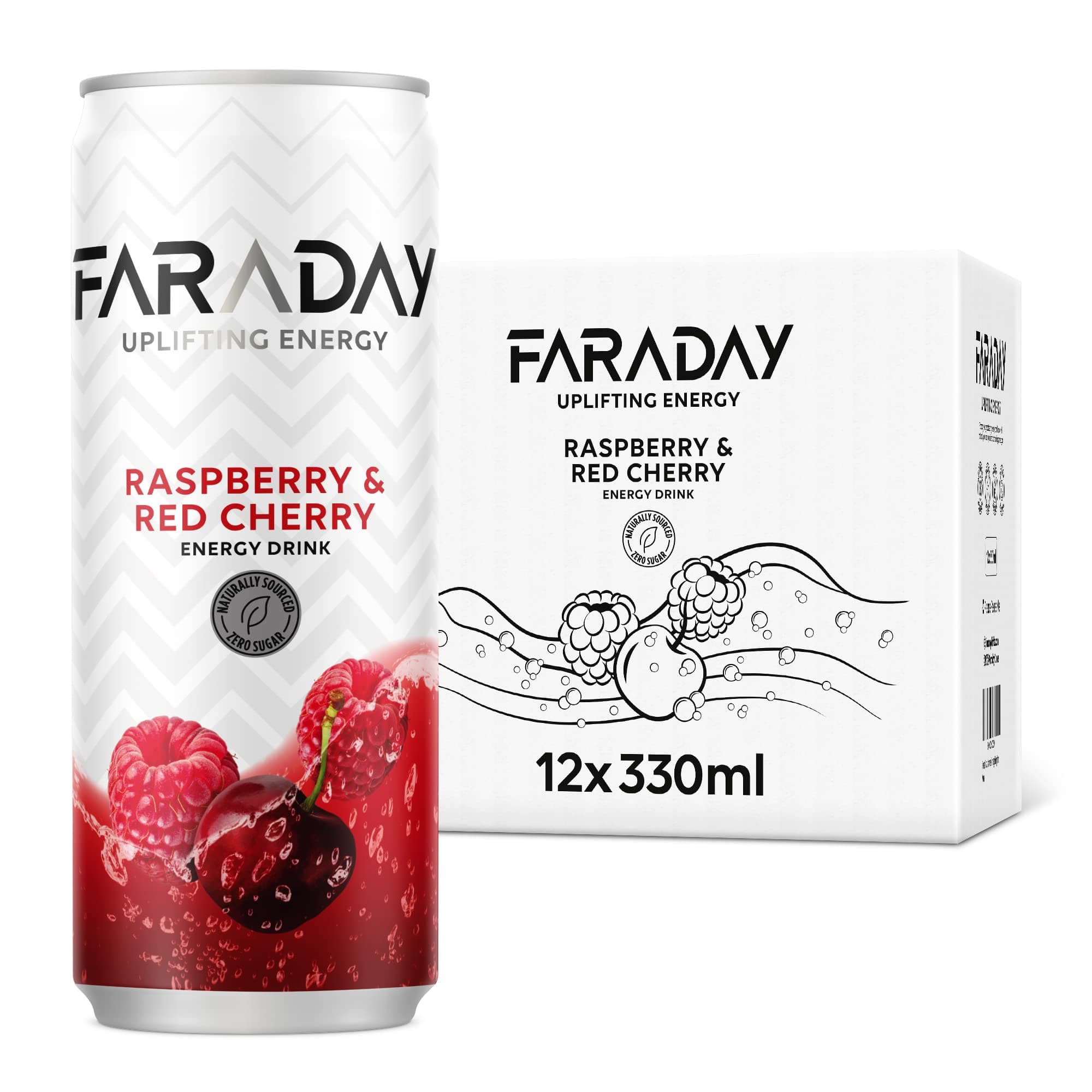 Faraday 100% Natural Zero Sugar Energy Drink, 12 Pack Low Calorie Sparkling Raspberry Cherry