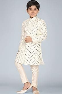 VASTRAMAY Boys' Silk Blend Indowestern Sherwani Set with Mirror Work and Pant Style Pyjama