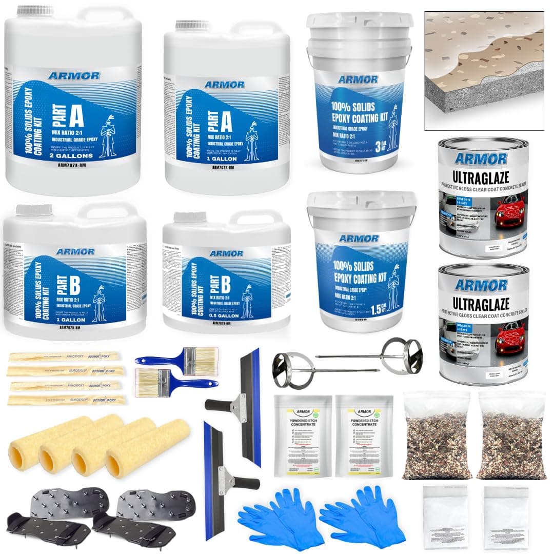 Garage Epoxy Floor Kit – 100% Solids - 2 Part Industrial-Grade Coating w/UltraGlaze Topcoat | DIY Slip & Hot Tire Resistant | 900 Sq Ft - Khaki Tan - 32 pc kit