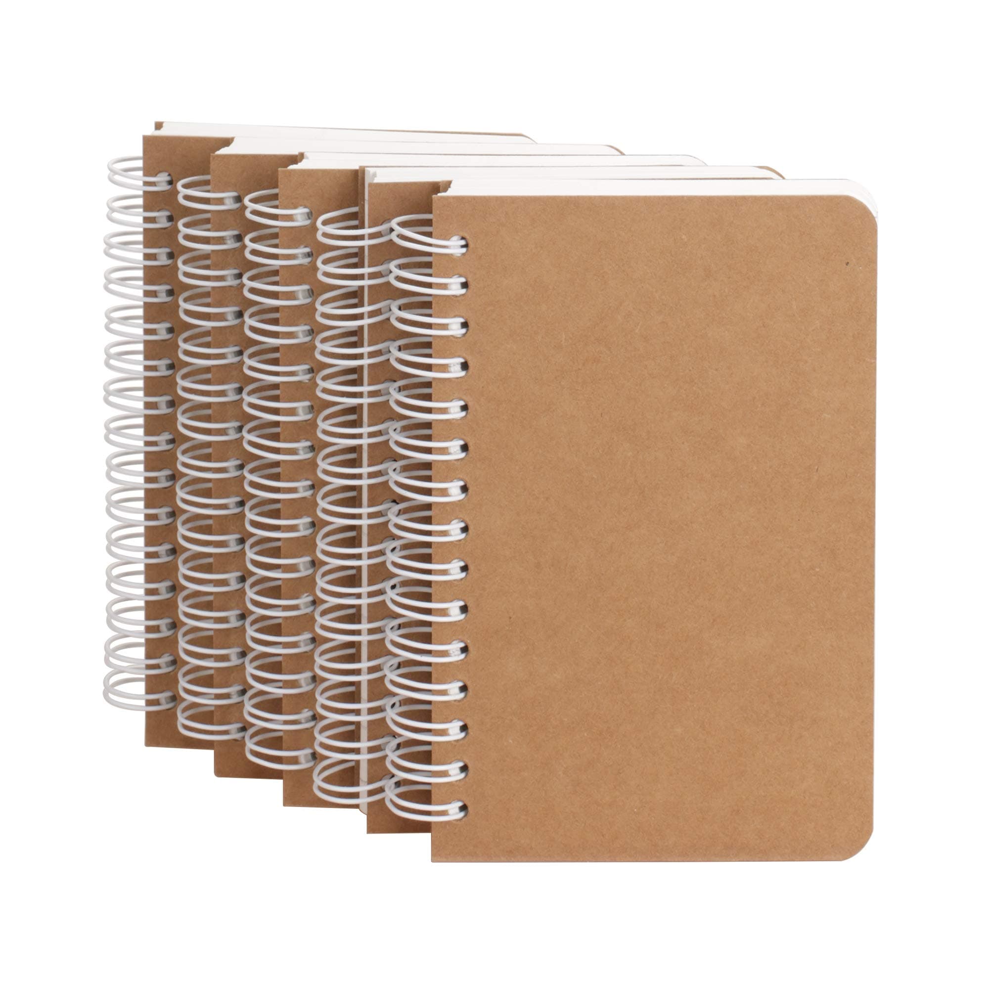 TWONE Kraft Cover Lay Flat Spiral Notebooks - Five Pack - A6 Sized - 180 Blank Pages - 90 Sheets - Easy to Carry