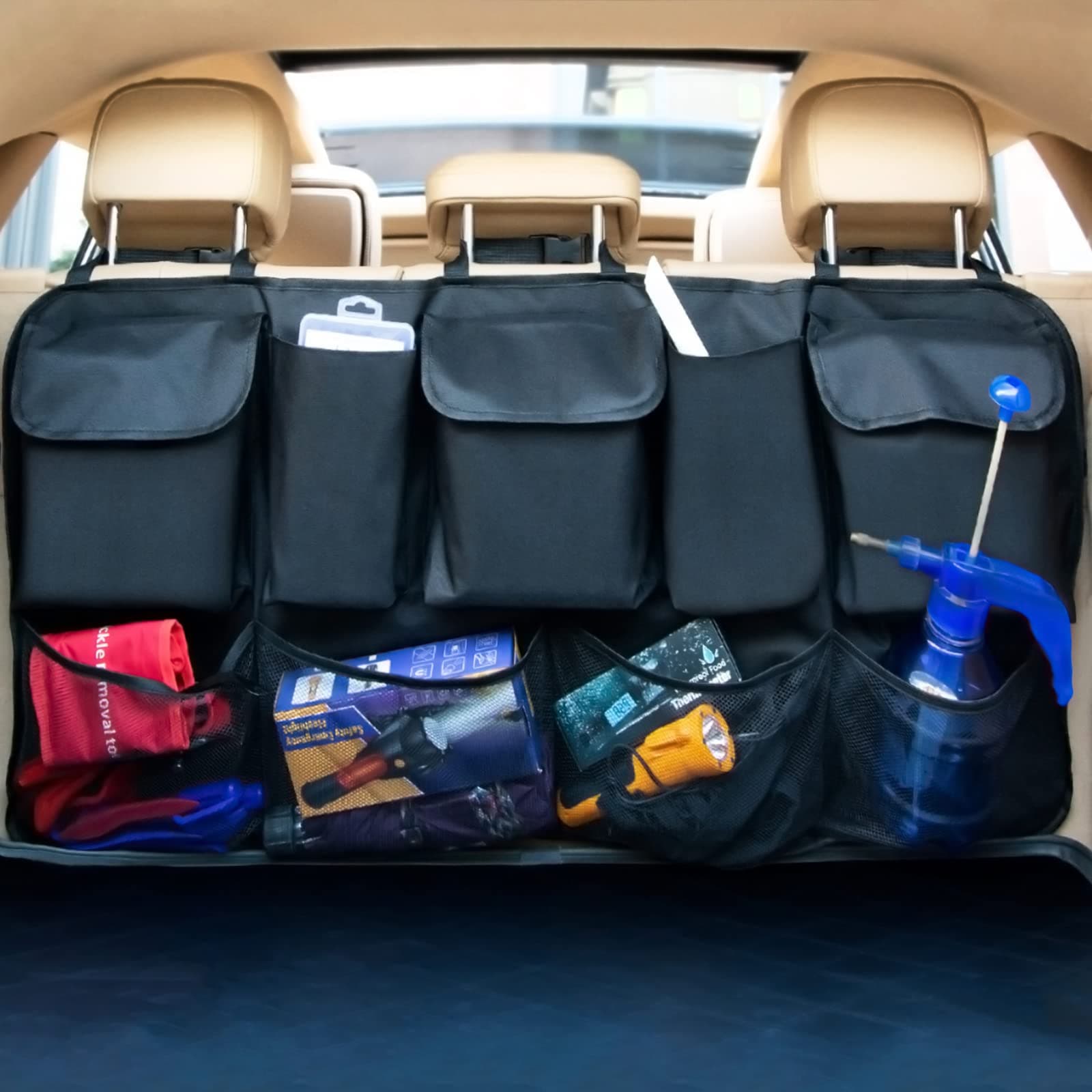 EldHus Rear Car Organizer Storage Trunk Back Seat Organizer Car Backseat Organizer Storage with Pockets, Cloth, Black