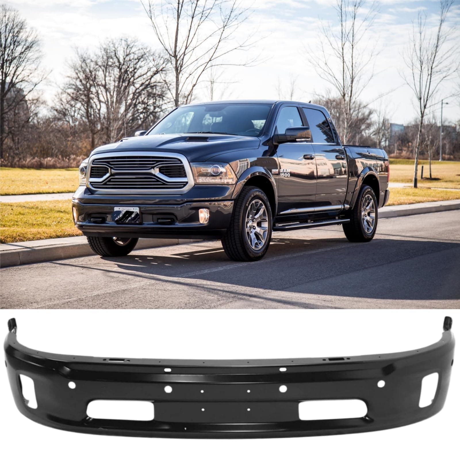 Front Bumper Compatible with 2013-2018 Dodge Ram 1500, Black Truck Automotive Steel Replacement Bumpers Face Bar, with Fog Light Holes & Sensor Holes (Style F)