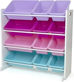 Humble Crew Kids Toy Storage Organizer with 12 Plastic Bins, White/Pink/Purple/Turquoise – Removable Bins for Playroom, Bedroom, Toddler Furniture for Boys and Girls Ages