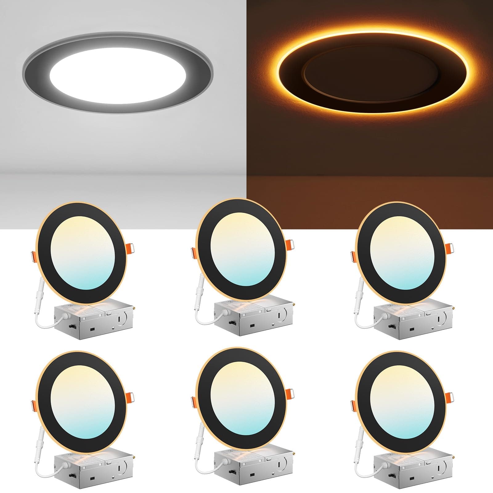 6 Pack Black 6 Inch 5CCT LED Recessed Ceiling Light with Night Light, 2700K/3000K/3500K/4000K/5000K Selectable Ultra-Thin Lighting, 12W=110W, 1100LM, Dimmable Canless Wafer Downlight - ETL&FCC
