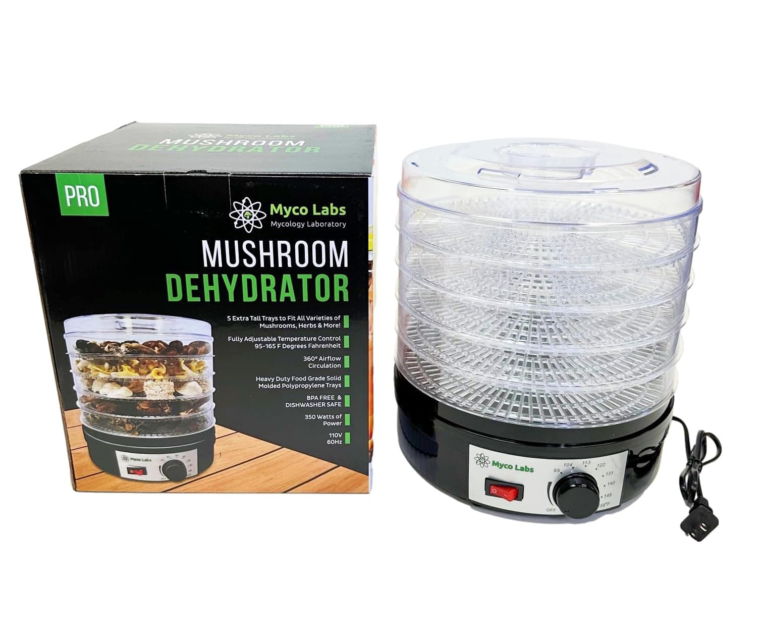 - Myco Labs 350 Watt Mushroom Dehydrator with Adjustable Temperature Control and Extra Tall Trays