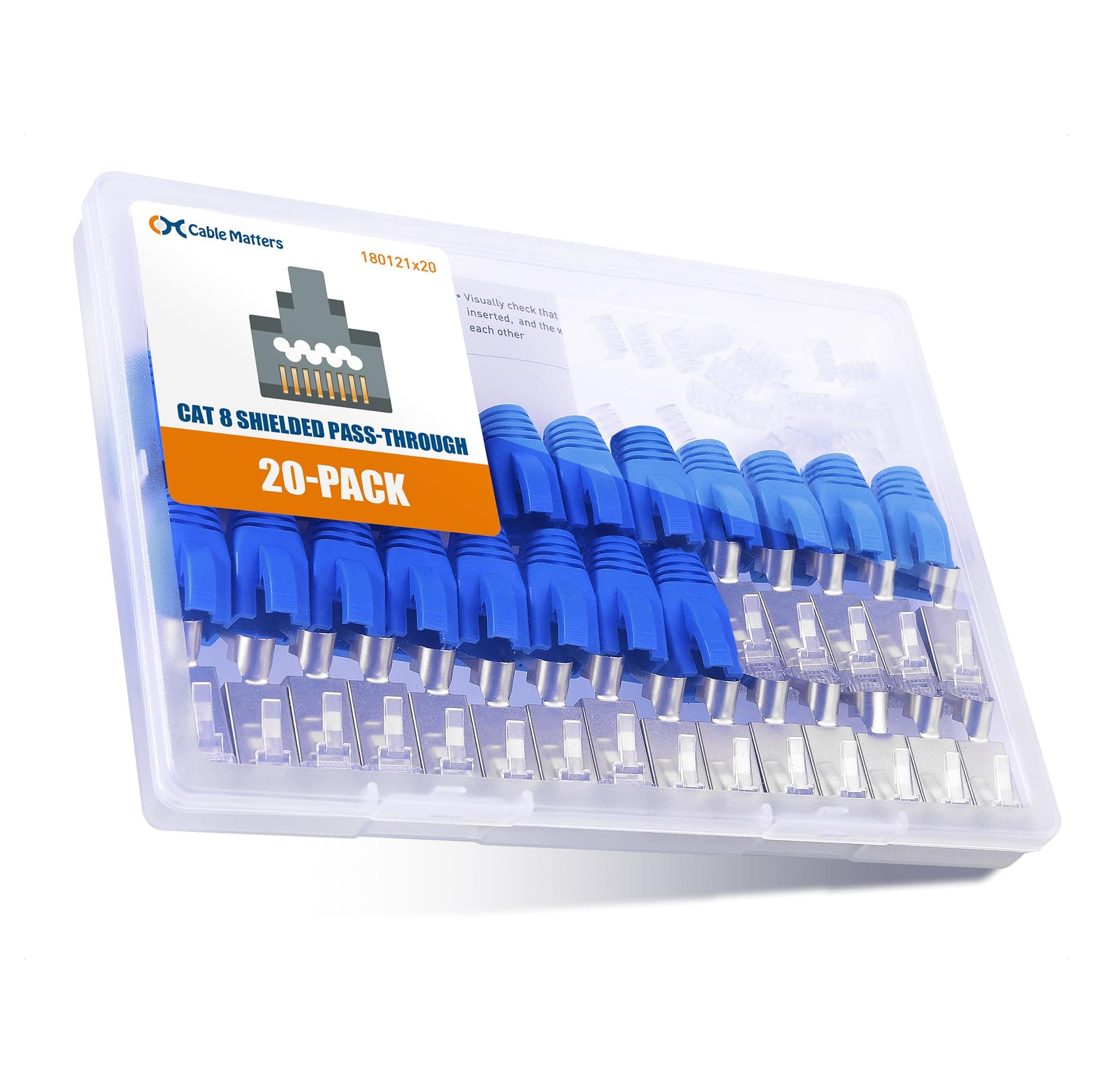 Cable Matters 20 Pack 23-24AWG Shielded Cat8 RJ45 Pass-Through Connector with Load Bar & Strain Relief Boot Cat 8 Pass-Through RJ45 Plug, Not for 22AWG Cable