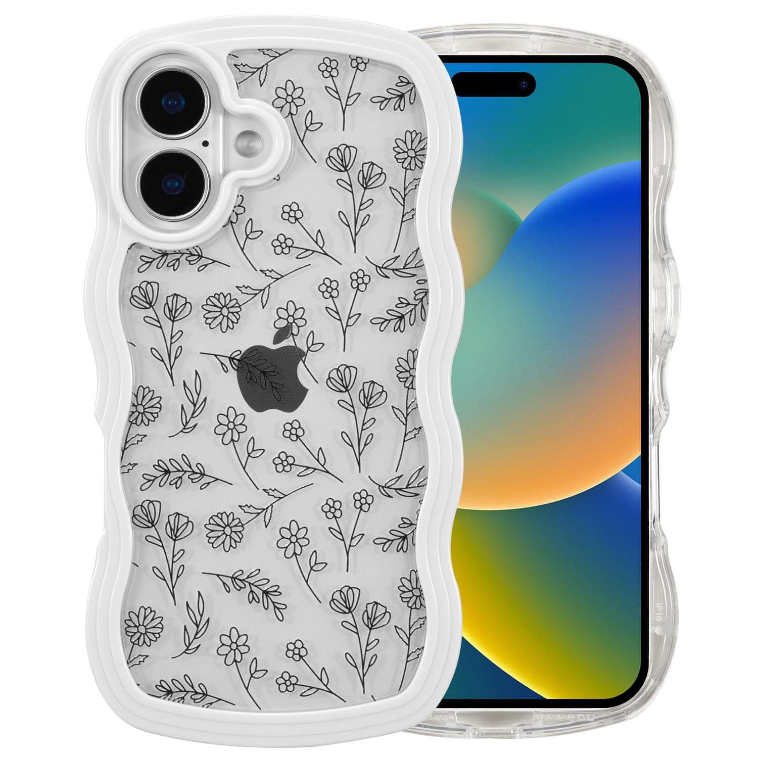 QLTYPRI for iPhone 16 Case, Cute Curly Wave Frame Clear Case for Girls Women, Flower Clear TPU Bumper Slim Soft Silicone Shockproof Protective Phone Cover for iPhone 16 - Black Floral/White