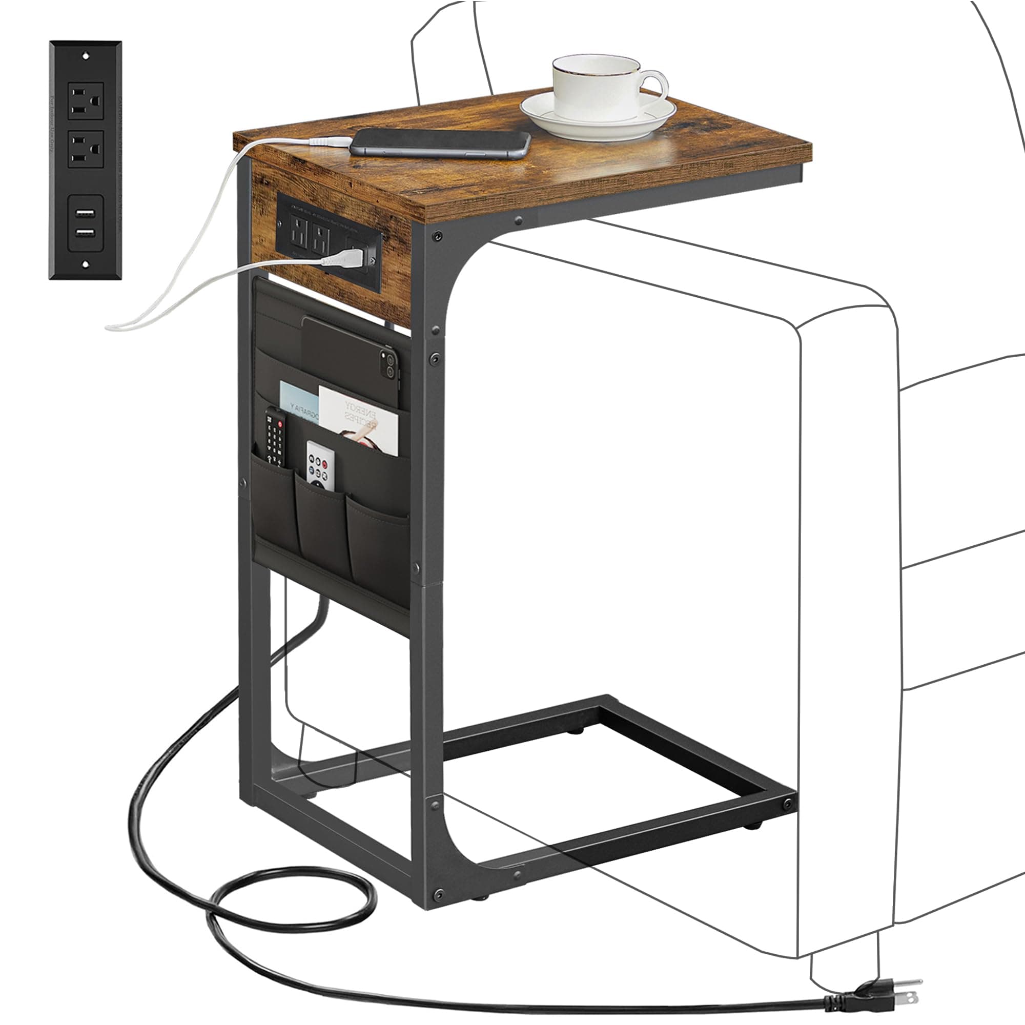 TUTOTAK C Shaped End Table with Charging Station, Side Table for Sofa, Couch Table with Storage Bag, TV Tray with 2 USB Ports and Outlets for Living Room, Bedroom, Brown TB01BB024