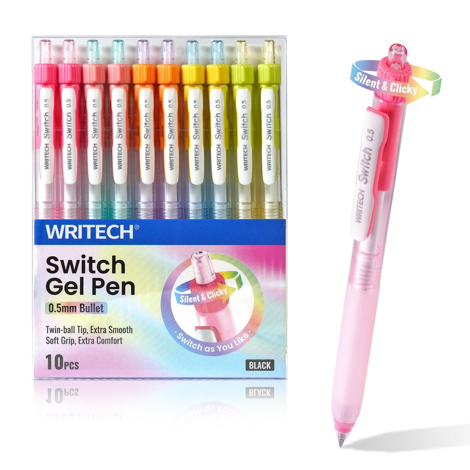 Retractable Gel Ink Pens: 0.5mm Black-Ink Switch Between Silent and Clicky Soft Grip Fine Point Pen for Journaling Smooth Writing Quick-dry No Bleed 10ct