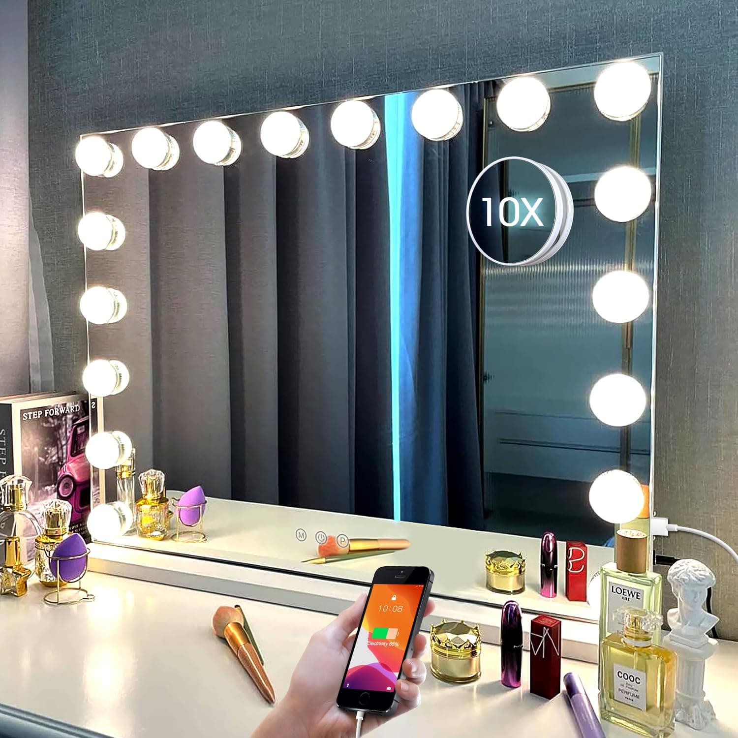 Kottova Large Vanity Mirror with 18 Dimmable LED,Extra Big Hollywood Makeup Mirror with 3 Color Lights,USB Charging Port,Large Lighted Mirror,Detachable 10X Spot Mirror,Touch Control