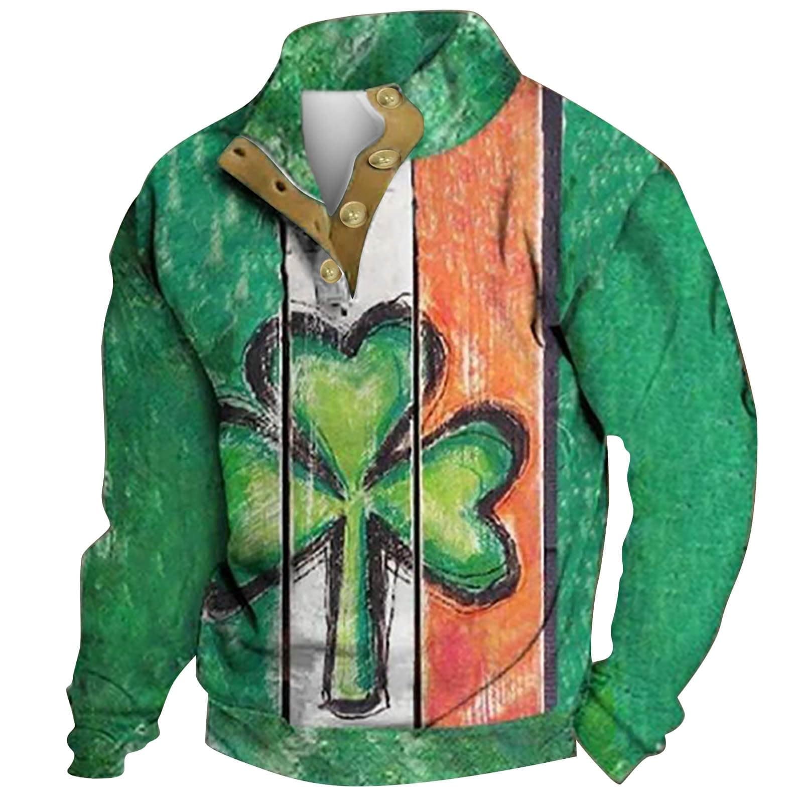 Mens St Patricks Day Clover Pullover Sweatshirts Stand Collar Long Sleeve Distressed Washed Henley Pullover Vintage Irish Shamrock Polos Sweatshirts