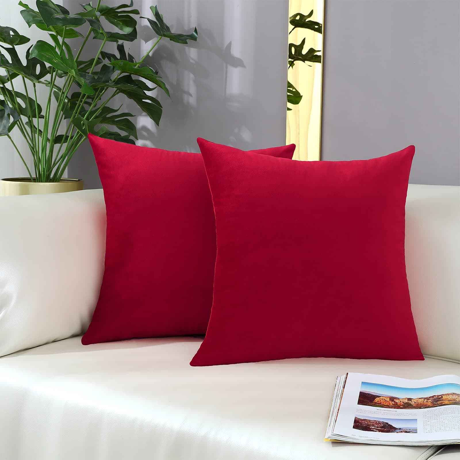 mixeoo Comfy Santa Red Throw Pillow Covers Decorative Square Solid Thick Velvet Super Soft Cushion Cases Home Decor for Sofa Couch Living Room Chair, Set of 2, 16 x 16 Inch