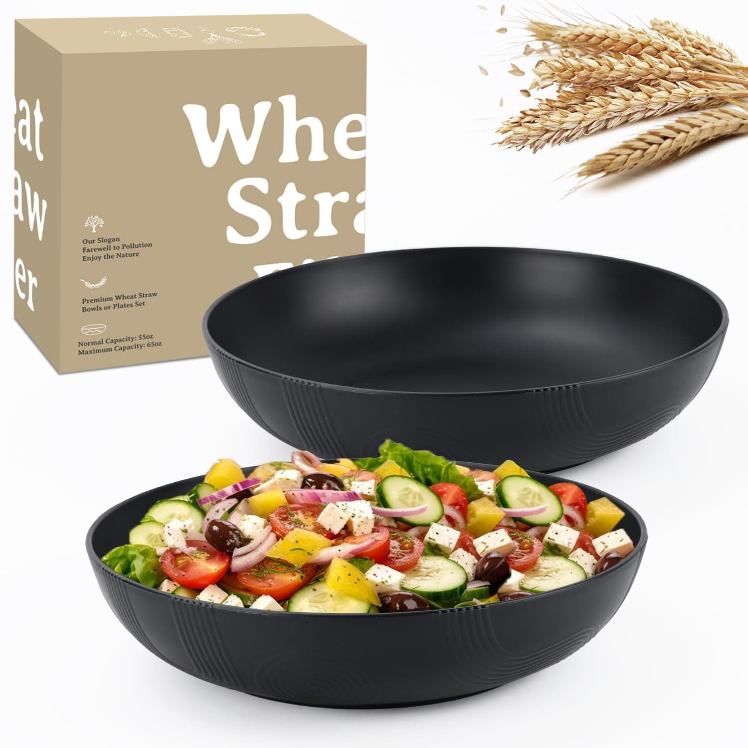 Wrova Large salad bowls,65oz Salad bowls set of 2,Unbreakable Plastic bowls Microwave & Dishwasher Safe Bowls,Wheat Straw Serving Bowls for Salad, Cereal, Fruit, Dishwasher Safe.Black