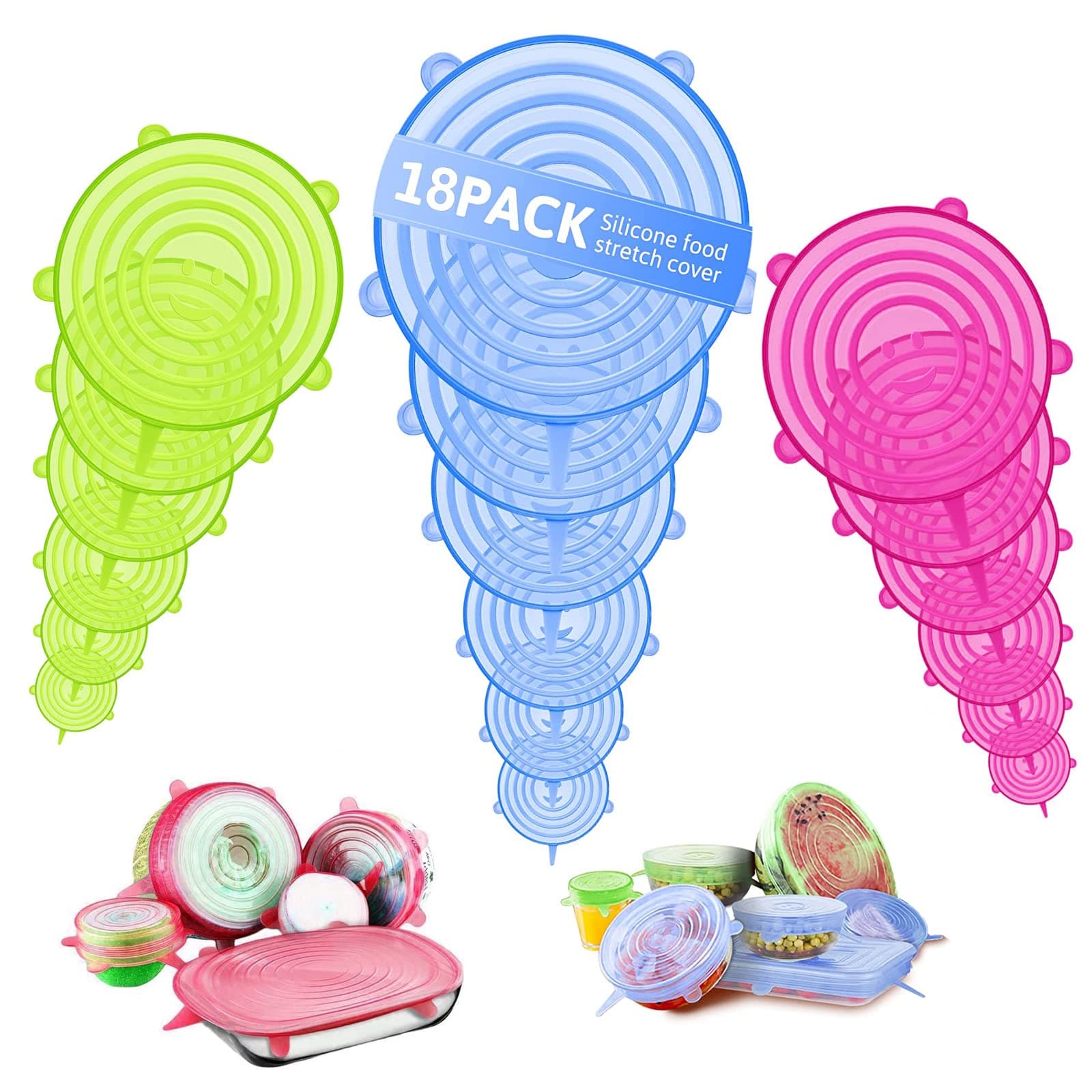 18 Pack Silicone Lids Food Covers - 6 Different Sizes Stretch Lids, Safe Food Grade to Meet Most Containers, Reusable