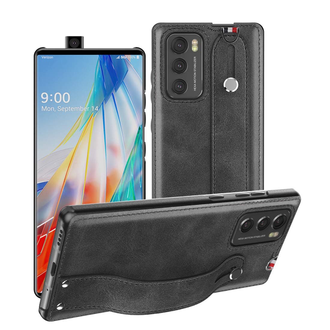 for LG Wing 5G Case,for LG Wing Case 2020,[Slim and Lightweight] PU Leather Back Cover Support Swivel Mode Hard PC Holder with Hand Strap Protective Phone Case for LG Wing 5G 6.8 Inches (Black)