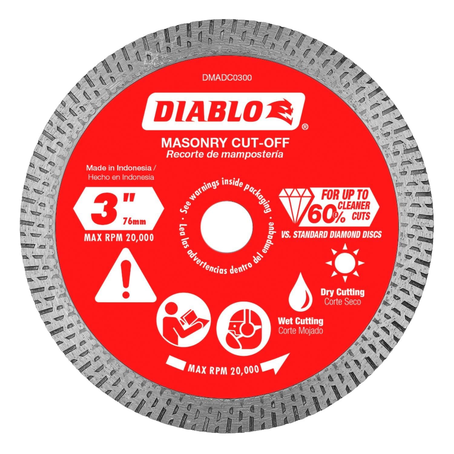 Diamond Continuous Rim Masonry Cuf-Off Disc - Ideal Use for Granite, Marble, Porcelain and Tile - 3 in Diameter, 3/8 in Arbor, 1/41 Hub Type - DMADC0300