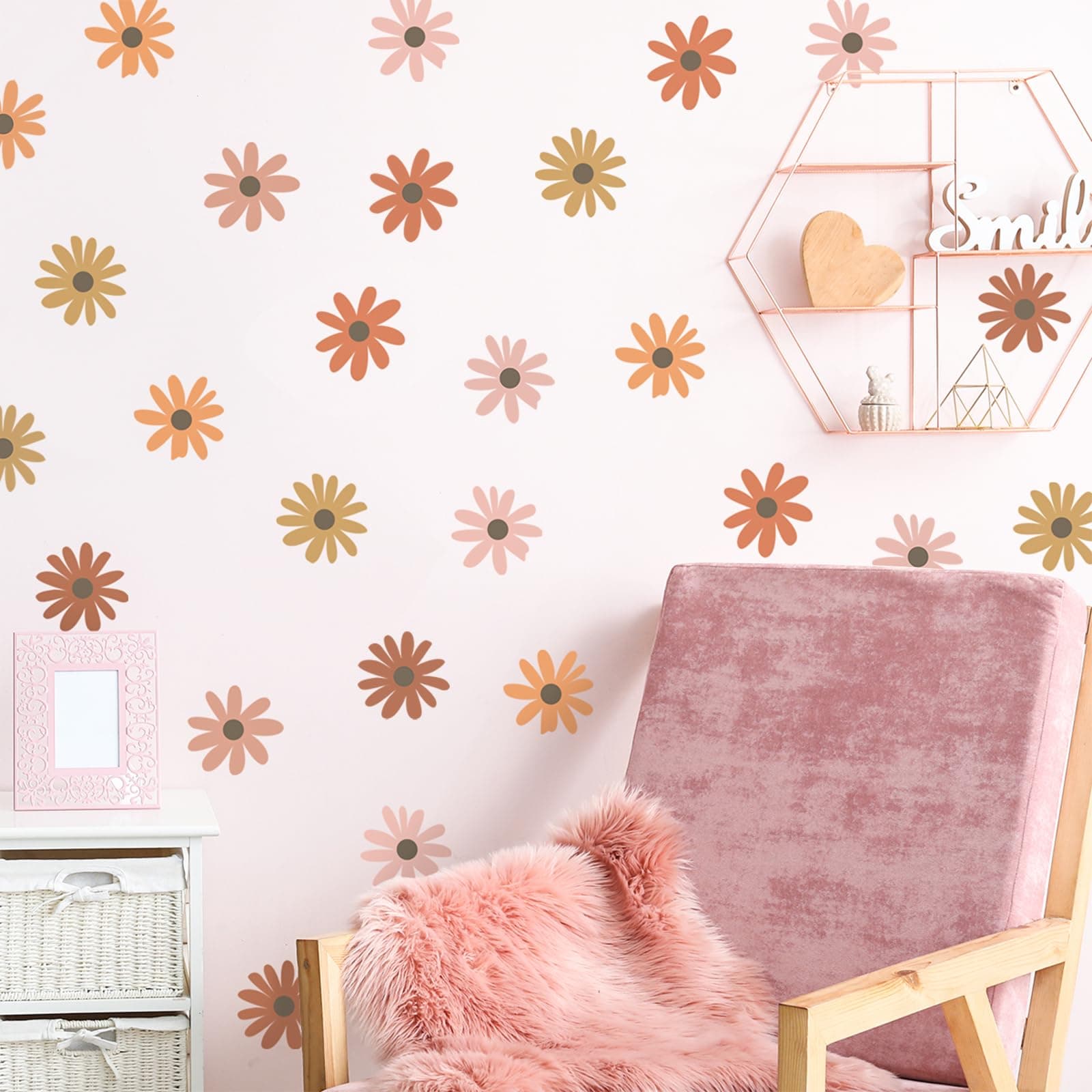 36 Pcs Daisy Wall Decal, SUNOYAR Self-Adhesive & Removable Boho-Style Flower Wall Stickers, Peel & Stick Vinyl Daisy Mural Decor for Females Girls Nursery Bedroom College Dorm (Multi Color)