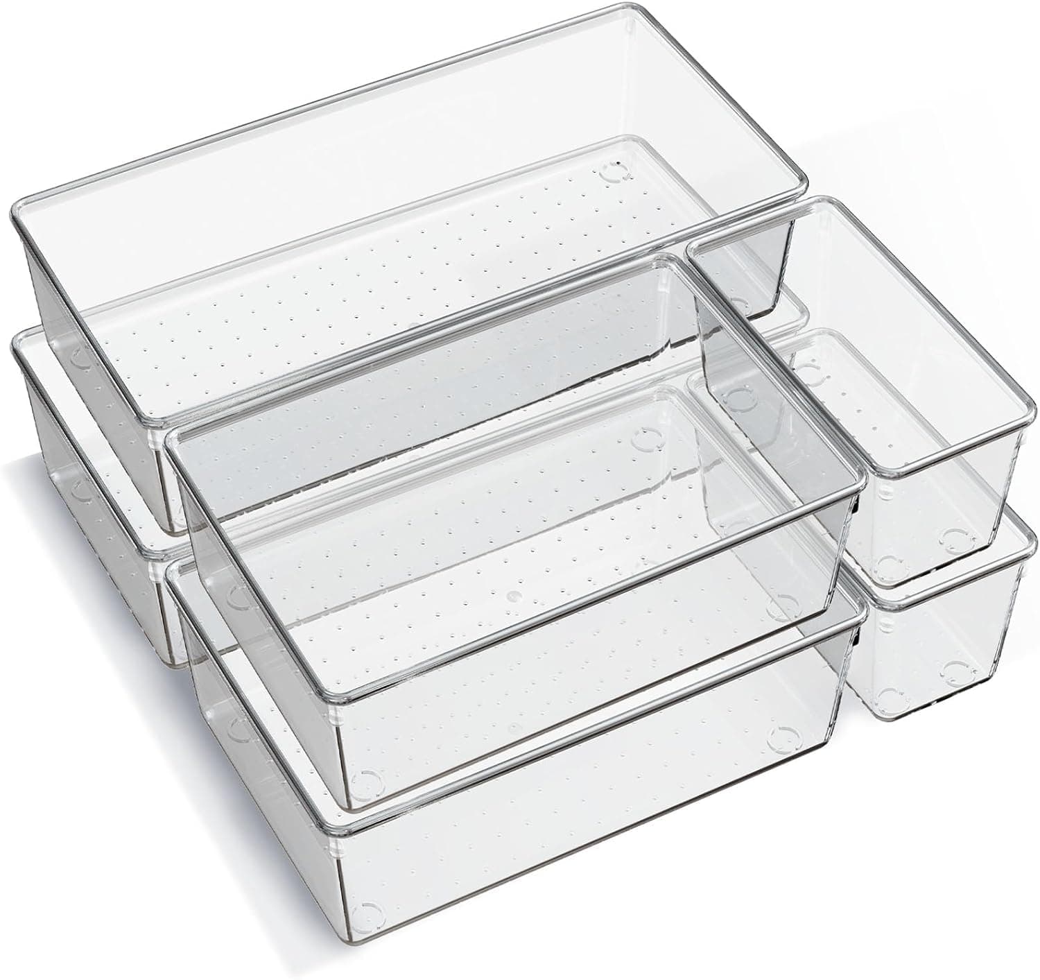 6-Pack Clear Plastic Drawer Organizer Trays – Large 3 Sizes Drawer Organiser Set for Make-up, Kitchen, Bathroom, Makeup Utensils & Office
