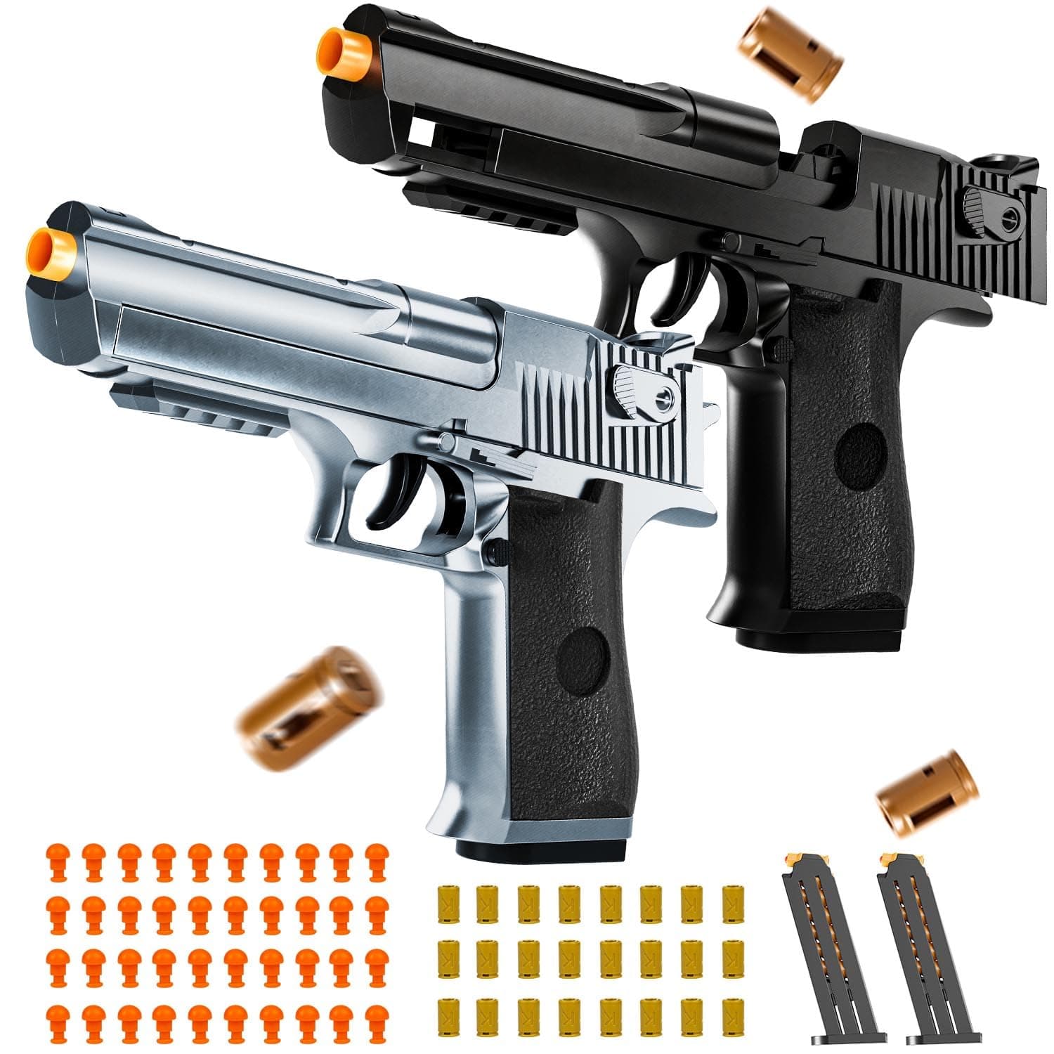 2 Pack Shell Ejecting Toy Gun - Semi-Automatic Handgun with Shell Ejection and Auto Rebound, Toy Foam Blasters & Stress Reducing Toys for Boys Girls Halloween Christmas Birthday Gifts (Black+Silvery)