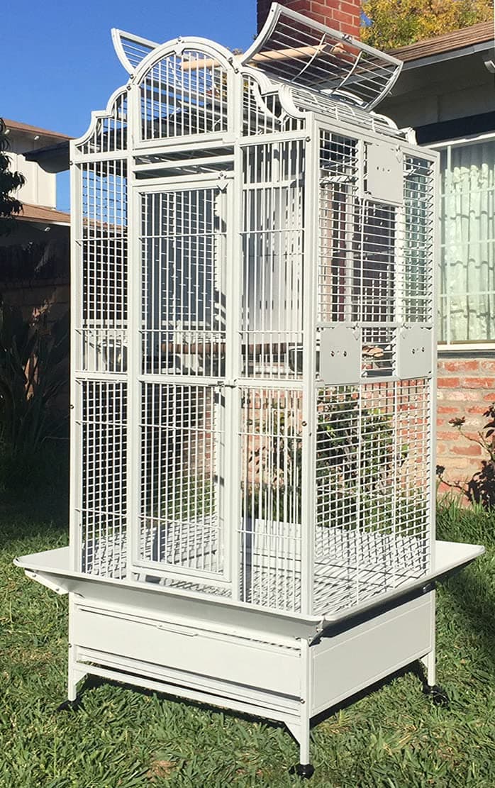 Large Elegant Wrought Iron Open/Close Dome Perch Play Top Stand Bird Parrot Rolling Cage, Include Metal Seed Guard Solid Metal Feeder Breeding Door (24" x 22" x 63"H, White Vein)