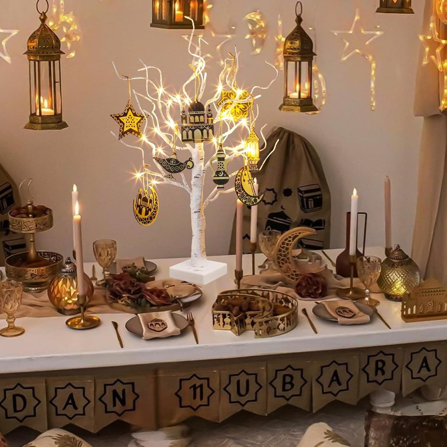 Eambrite Set of 2 White Twig Tree Ramadan Tree Decorations Lights, Eid Tree with 24 LEDs Battery/USB Operated, Mubarak Ramadan Decorations for Home Table Party (22", Timer)