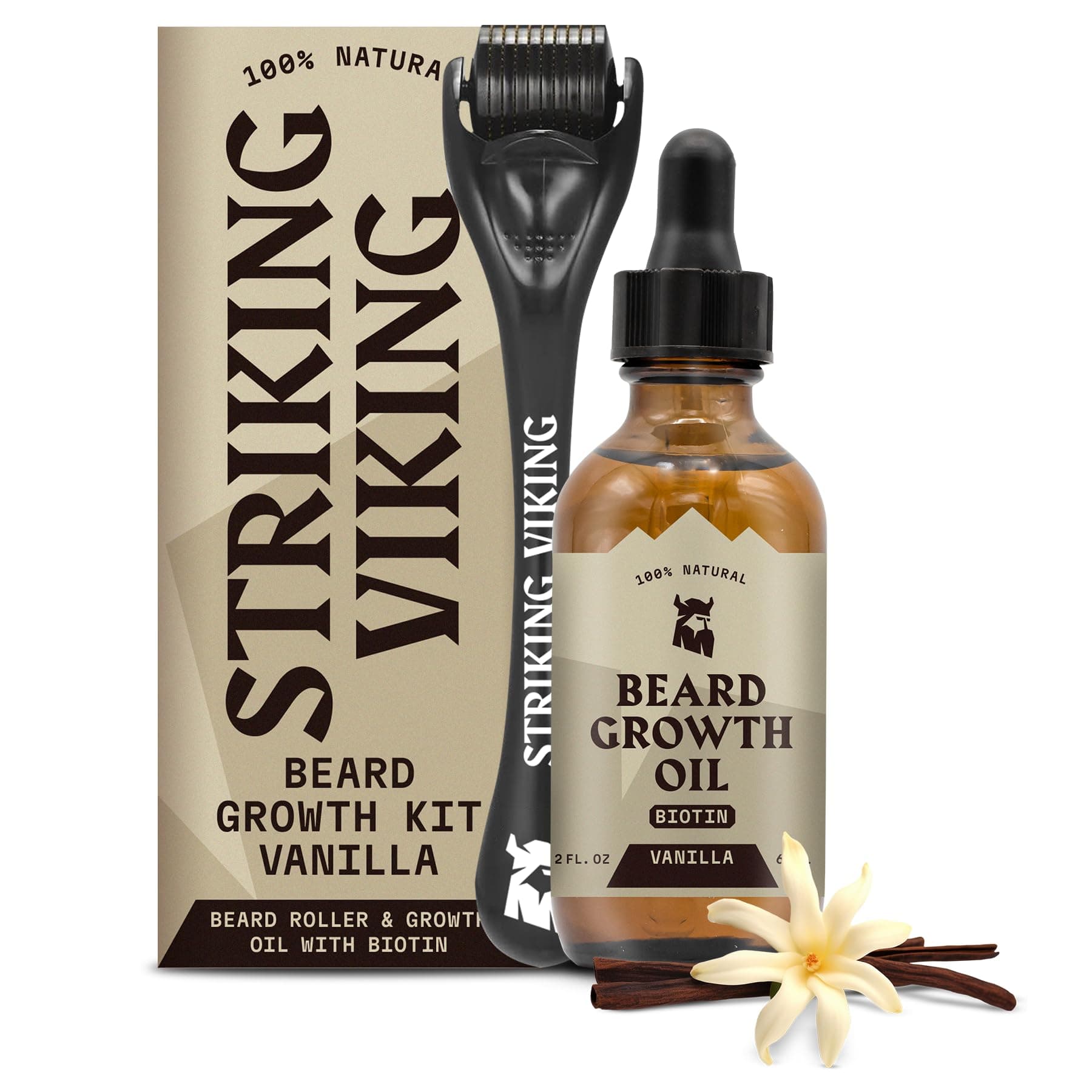 Striking Viking Beard Growth Kit - Vanilla, 2 fl oz, 2 pack - Fuller, Thicker & Healthier Facial Hair Oil Infused with Jojoba & Argan Extracts - For All Hair Types & Patchy Areas - Biotin Fortified