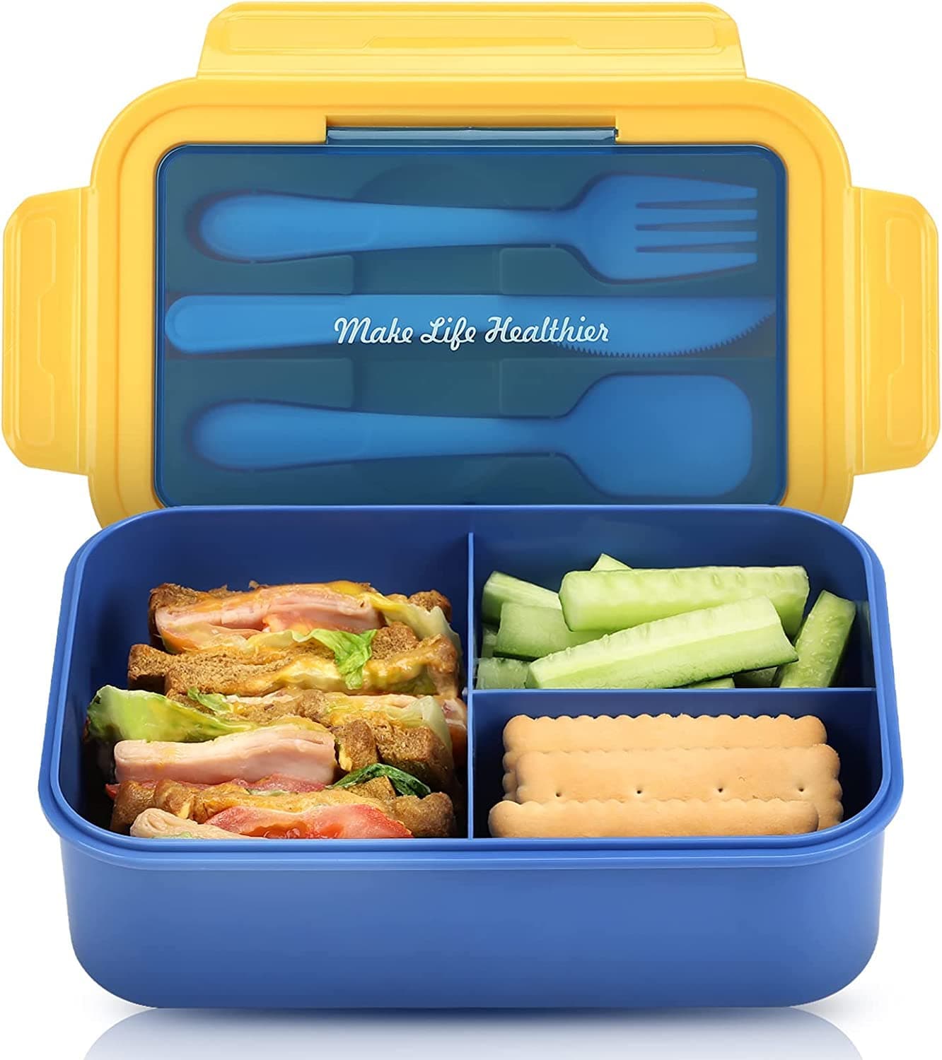 KELVEE Leak Proof 3 Compartment Lunch Box Bento Box Microwave Freezer Safe Food Containers with Spoon for Adults and Kids PP Food Grade Plastic (Blue - 3 Partition 1400ml)