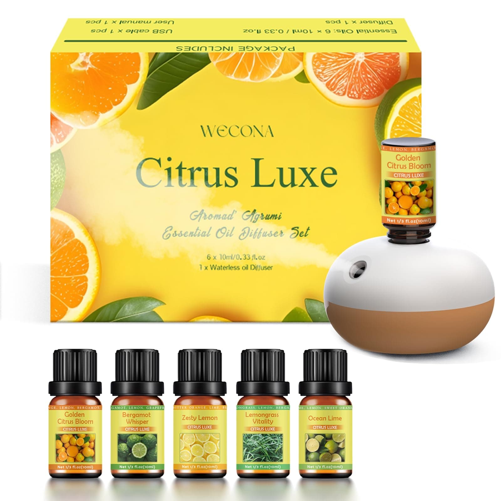 Rechargeable Waterless Oil Diffuser - 2 Mist Modes Essential Oil Diffusers with 6 Essential Oils(10ml) for Home,Car,Office - Scent Diffuser Starter Kit