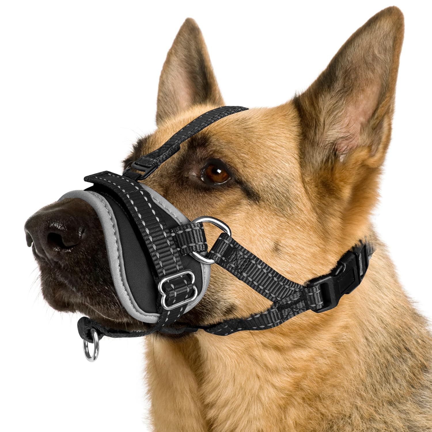 Nasjac Dog Muzzle - Soft Nylon Pet Muzzles for Small Medium Large Dogs - Adjustable Reflective Dog Mouth Cover with Connection Strap Prevents Biting Barking Chewing