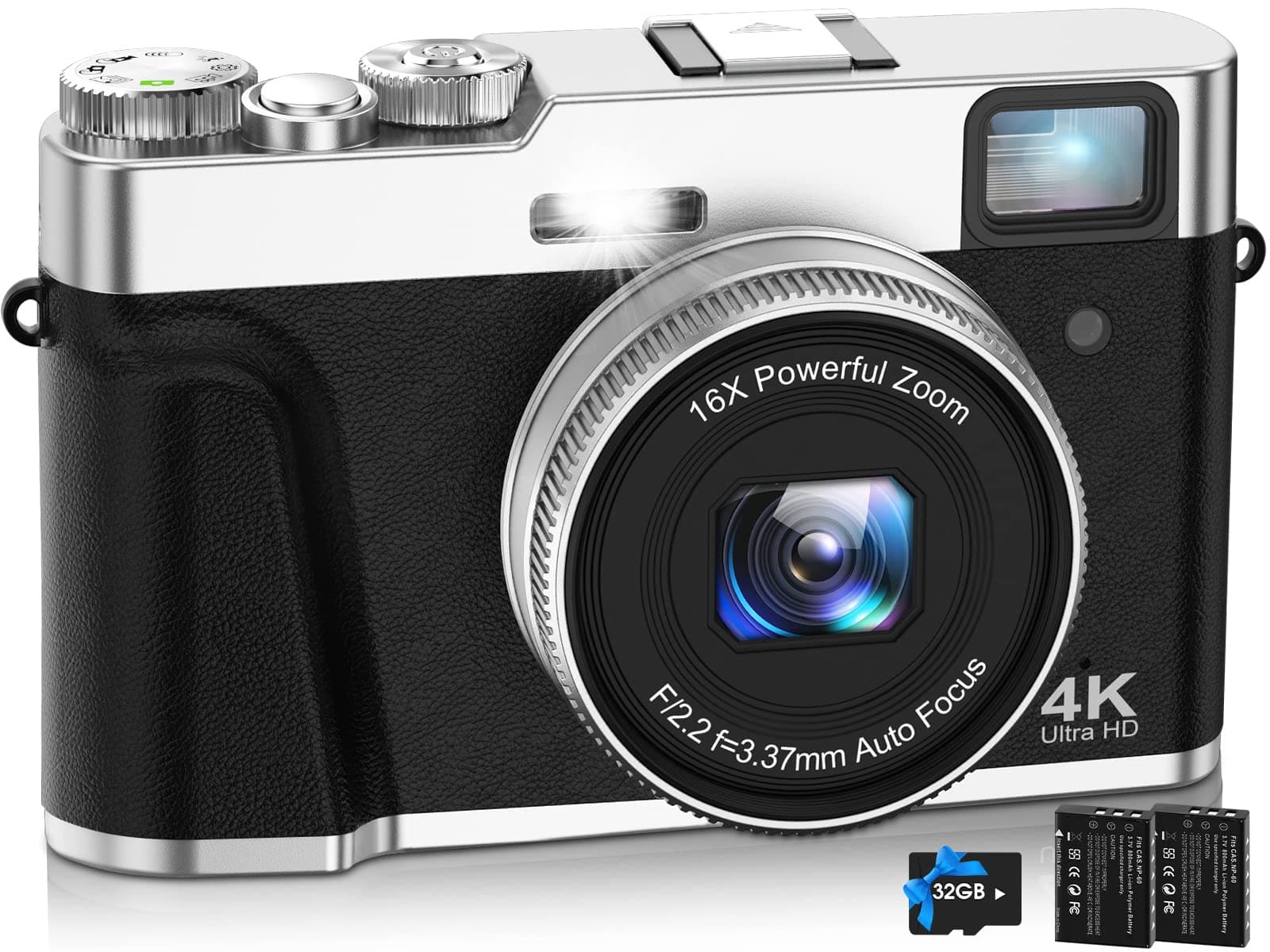 NEZINI 4K Digital Camera,Auto Focus 48MP Vlogging Camera for YouTube and Anti-Shake Video Camera with Viewfinder Flash & Dial,16X Zoom Travel Portable Digital Camera with 32GB Card,2 Batteries (Black)