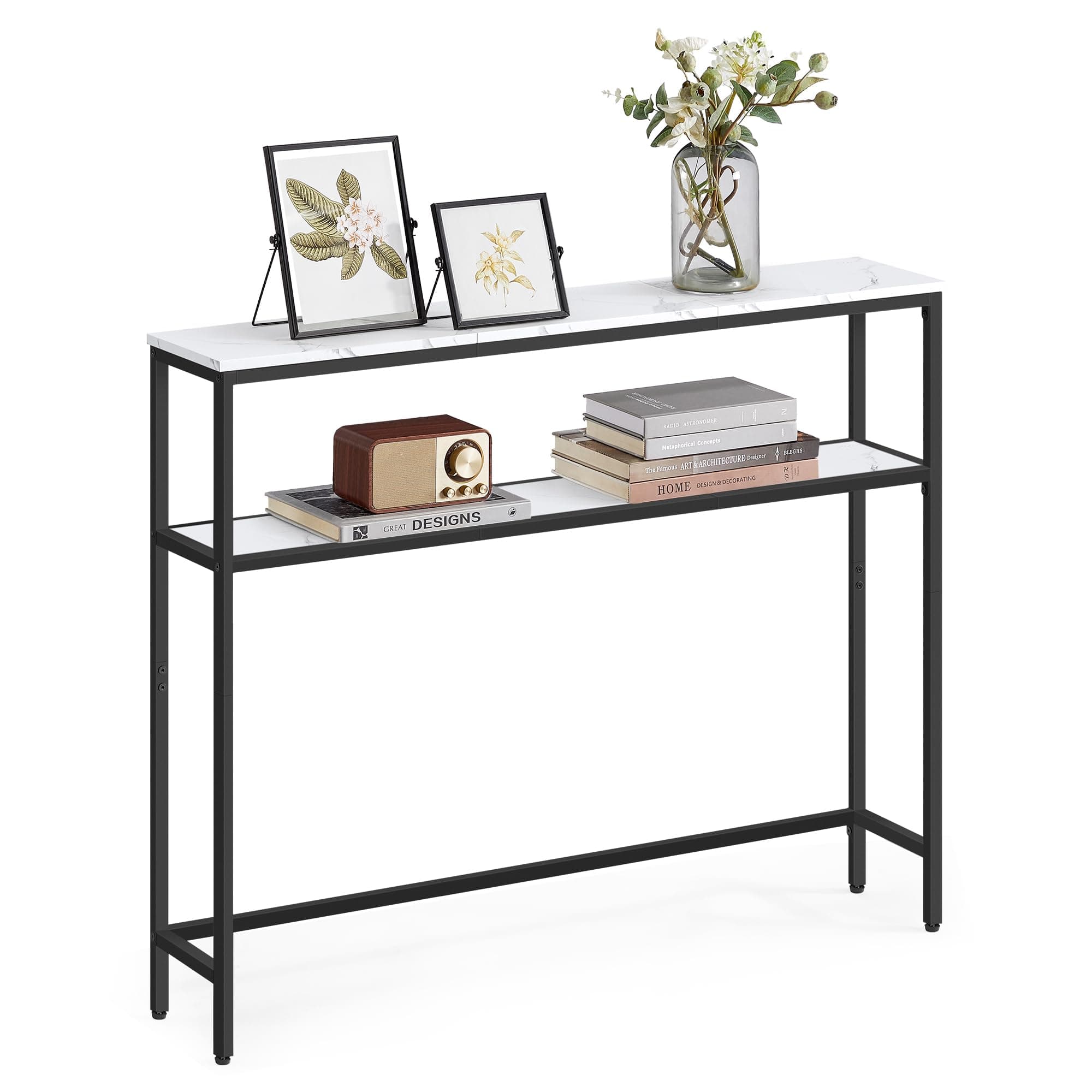 VASAGLE Console Table, 2-Tier Sofa Table, 7.9 x 39.4 x 31.5 Inches, Narrow Entryway Table, Modern Entry Table with 2 Shelves, for Living Room, Bedroom, Marble White and Ink Black ULNT131W59