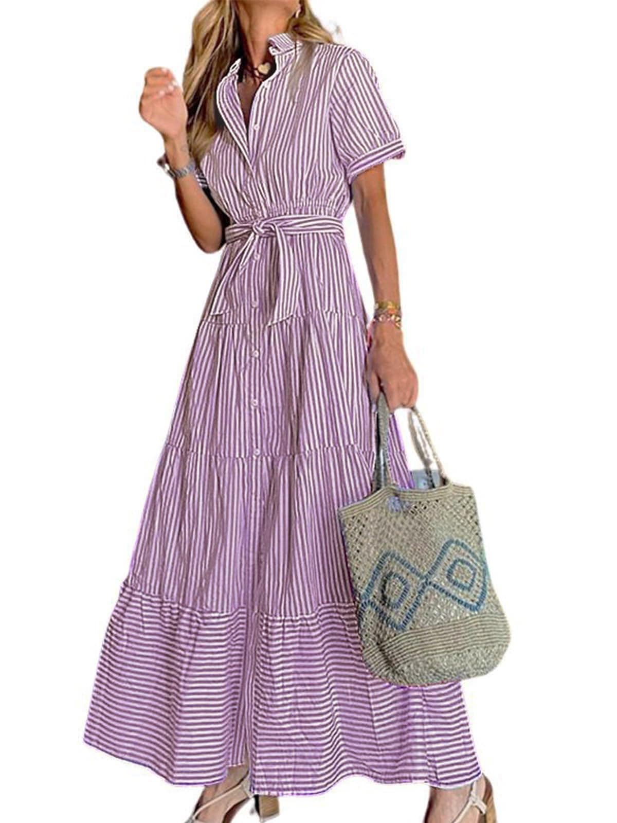 utcoco Womens Casual Short Sleeve Button Down Tie Waist Ruffled Striped Maxi Shirt Dress