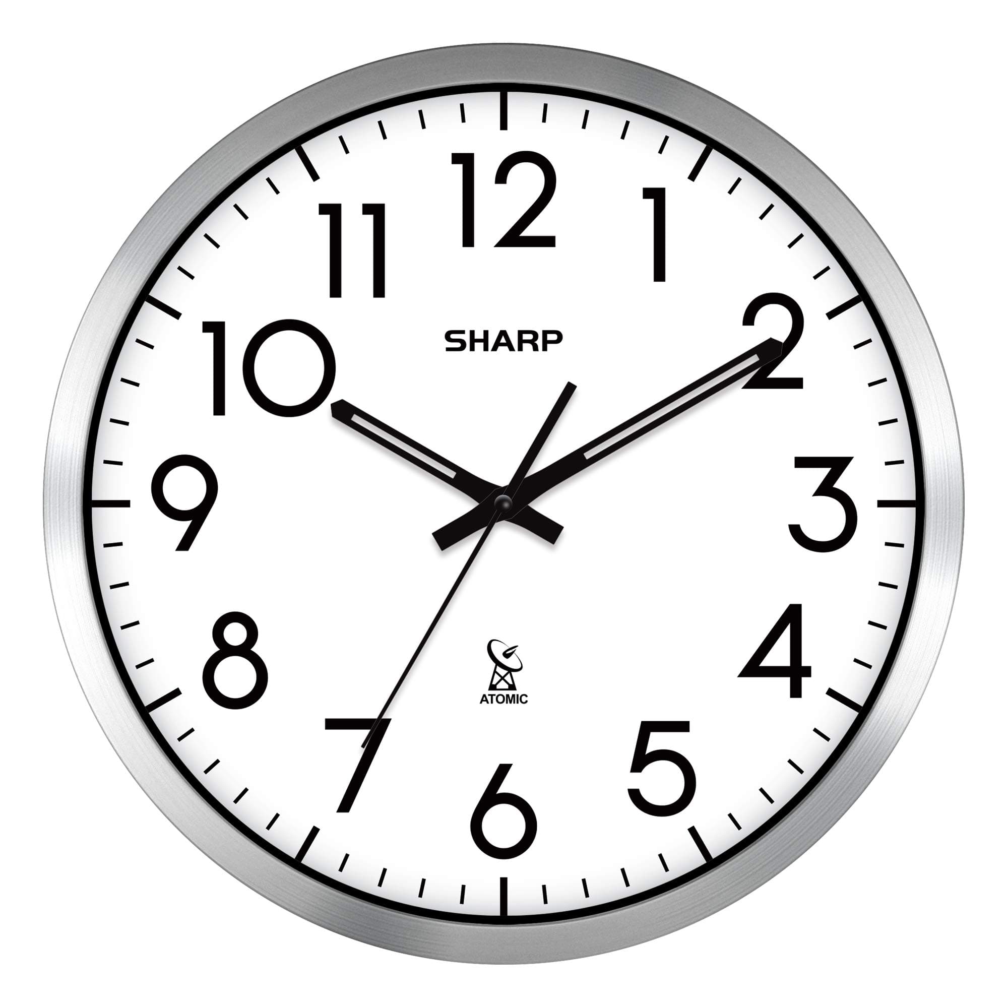 Atomic Analog Wall Clock - 12" Silver Brushed Finish Sets Automatically- Battery Operated Easy to Read Use: Simple, Style fits Any Decor