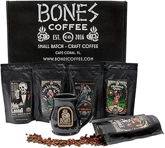 Bones Coffee Company Favorite Flavors Sample Pack Box Set with Specialty Coffee Mug, 5 Assorted Single-Origin Low Acid Medium Roast Arabica Beans Flavored Coffee Gifts, 4 oz Pack of 5 Ground
