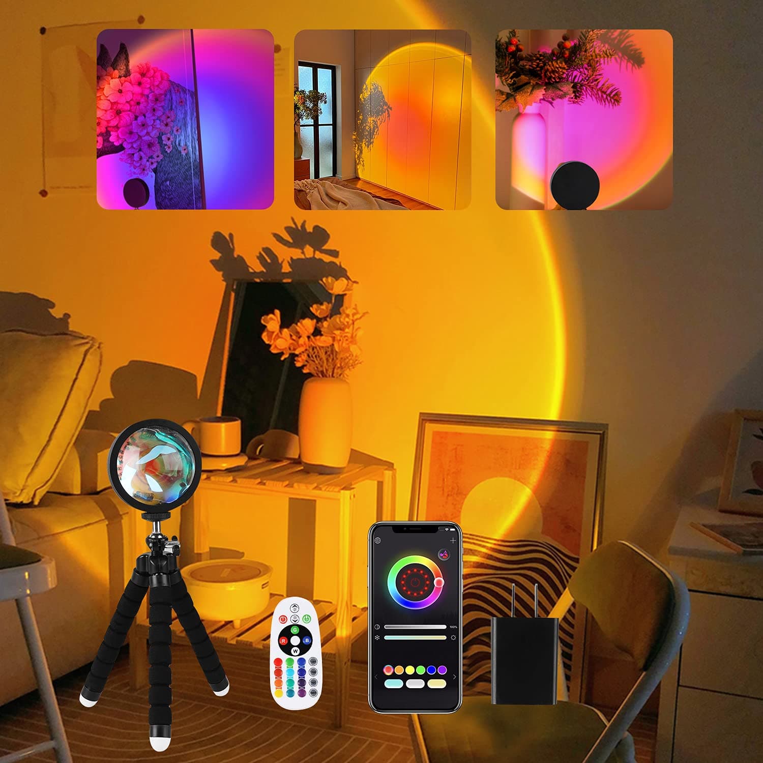 [Upgraded] Smart 16 Colors LED Sunset Projection Lamp APP and Remote Control(Include USB Charger) 360 Degree Rotation Sunlight Lamp Photography/Party/Home…