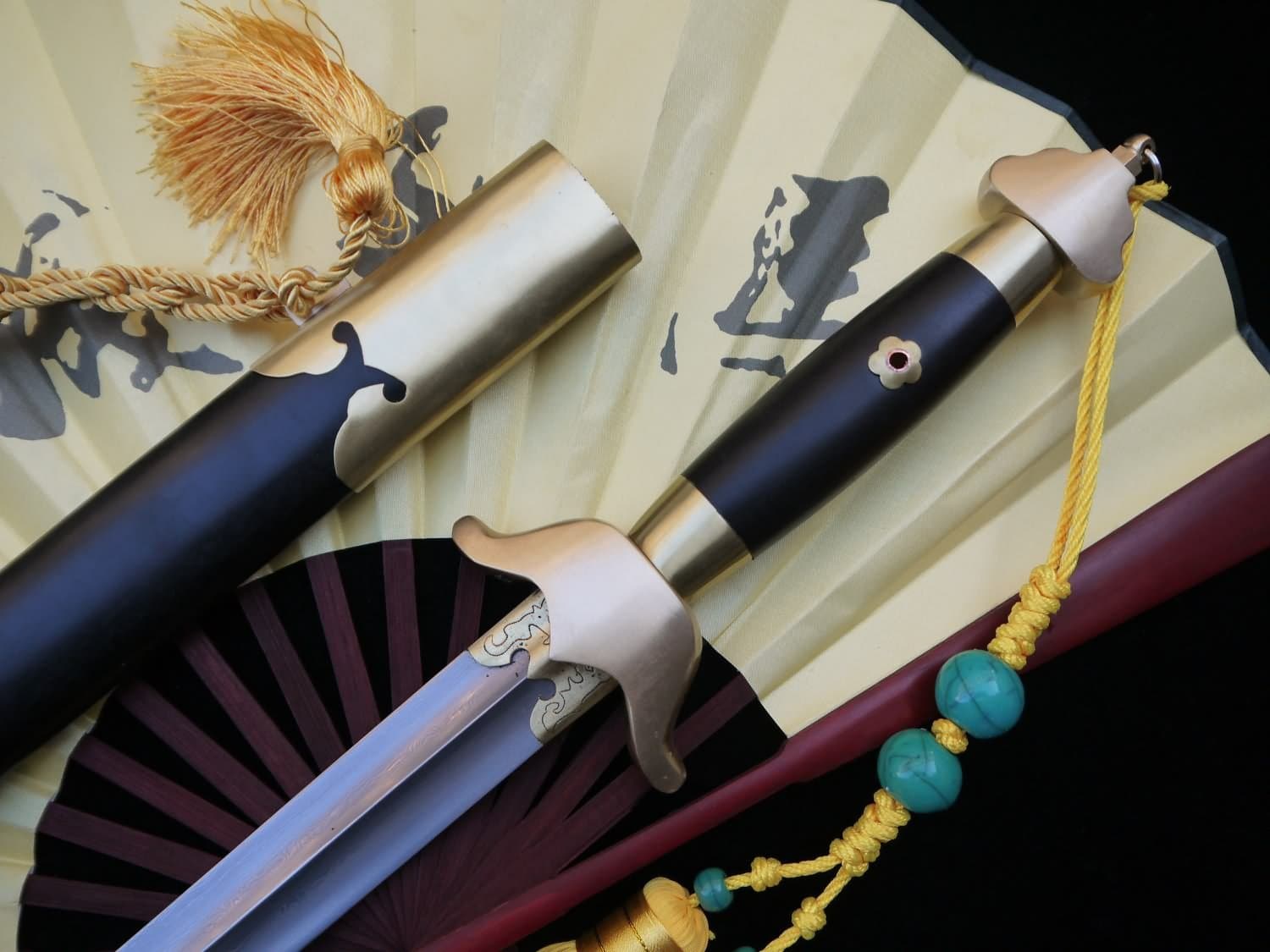 Training Sword,Tai chi jian,Pattern Steel Blade,Black Wood Scabbard,Brass Fitted,Handmade