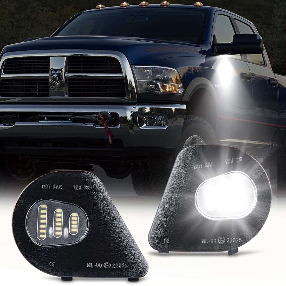 2Pcs LED Side Mirror Puddle Light Lamps Assembly for 2010-2019 Dodge Ram 1500 2500 3500 4500 5500 Towing Mirror Lights, 6000K Diamond White
