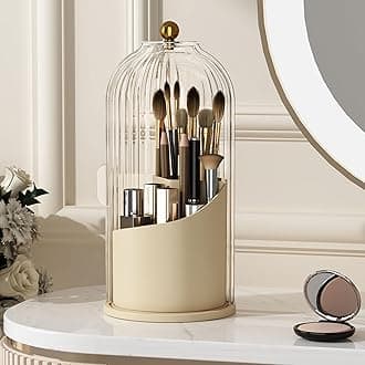 YOOLENS Makeup Brush Holder with Lid 360 Rotating Clear Dustproof Make Up Organizers for Vanity Bathroom Countertop, White Beige
