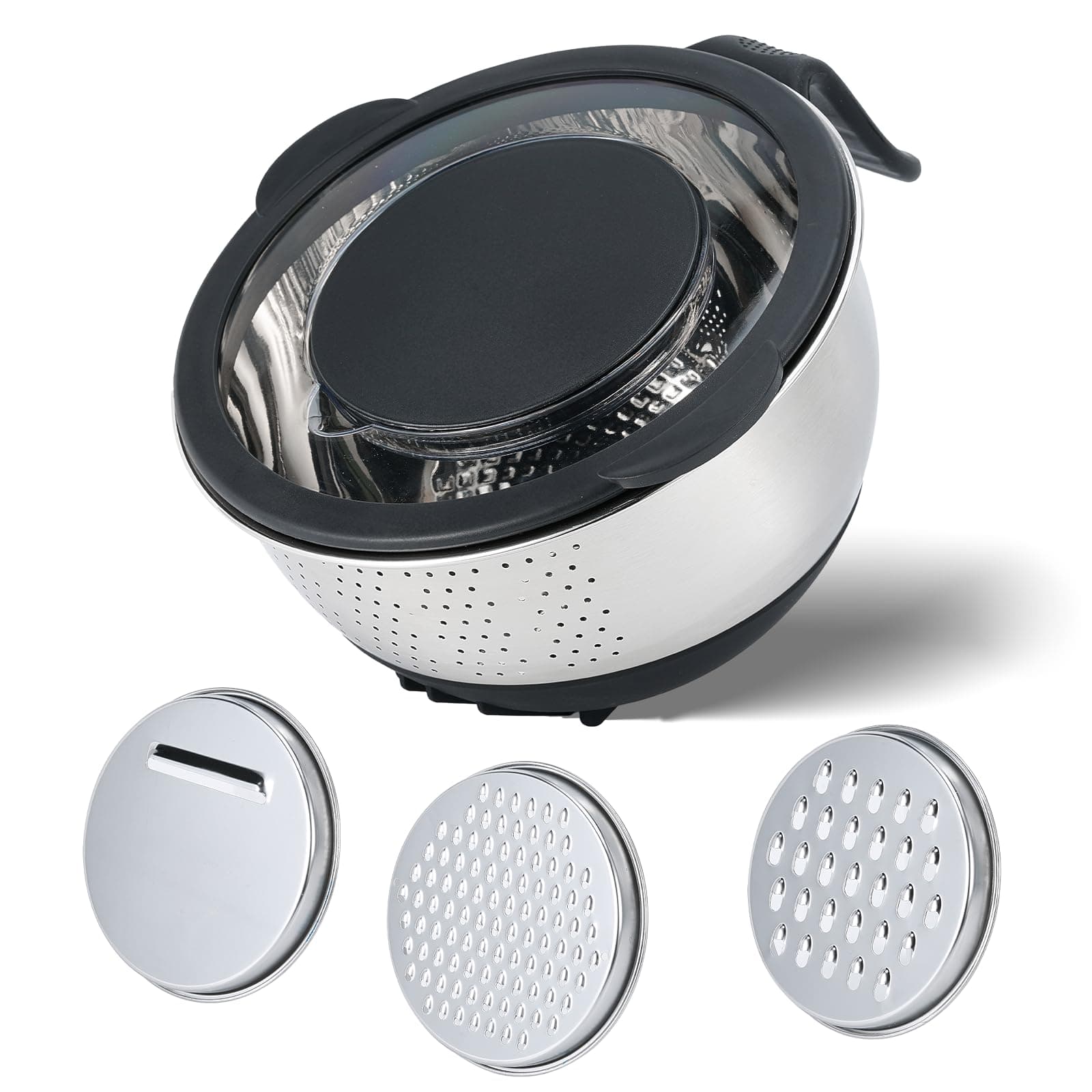 Kitchen Strainers and Colanders with Handle, Stainless Steel Grater with Container, Vegetable Shredder with 3 Blades, Versatile Side Drainer Bowl for Washing Rice, Beans and Fruits