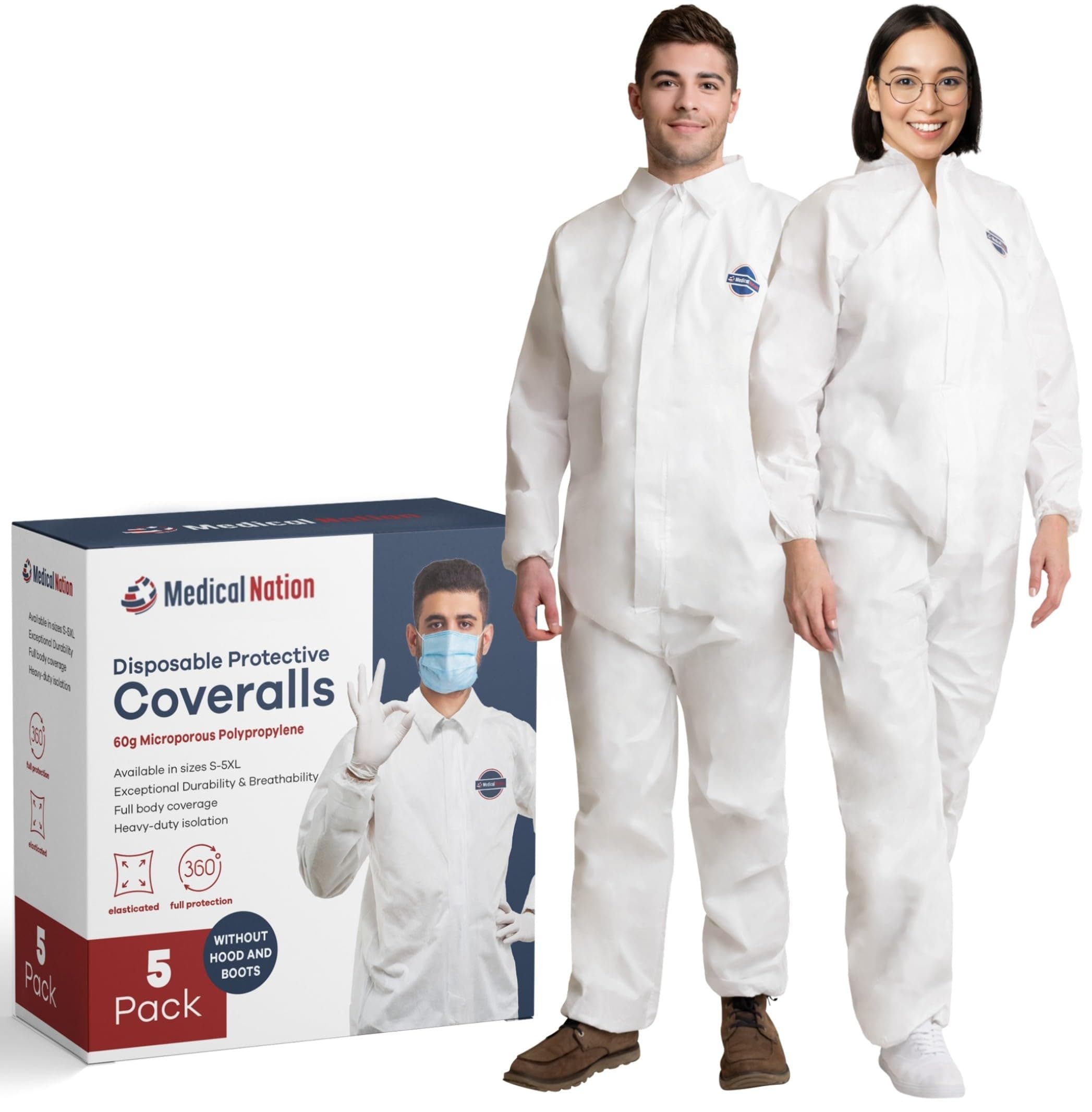 Hazmat Suits | 5 Pack, Medium | Disposable Protective Coveralls, Heavy Duty Full Body Painters Suit for Men & Women Without Hood - Breathable & Water Resistant - Medium