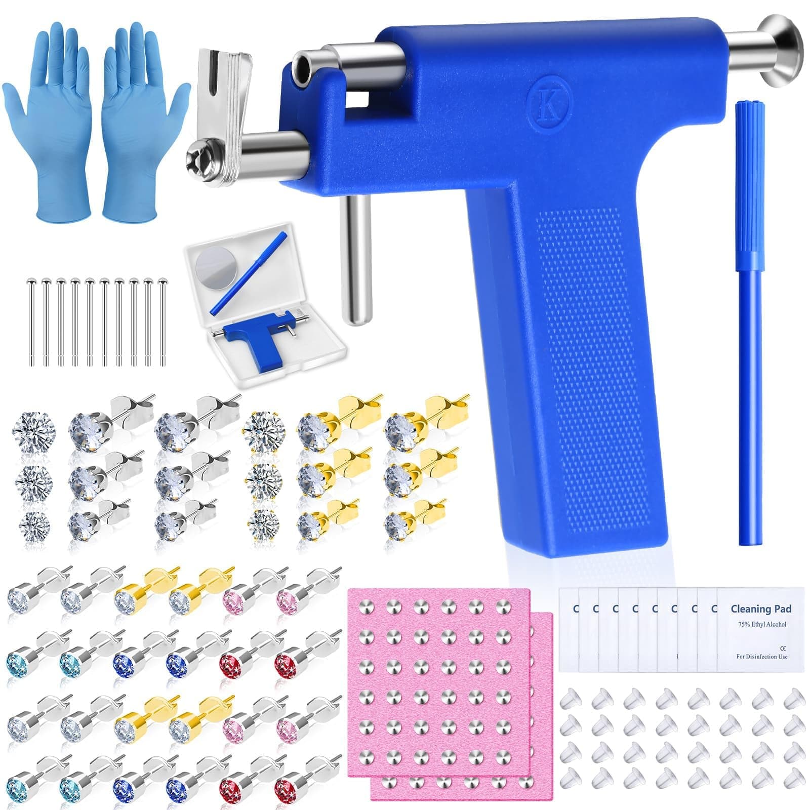 Ear Piercing Gun Kit, Reusable Ear Nose Piercing Gun Machine with Stainless Steel Piercing Earrings Studs, Crystal Earrings for At Home Salon Earlobe Cartilage Helix Tragus Piercing Tool Set