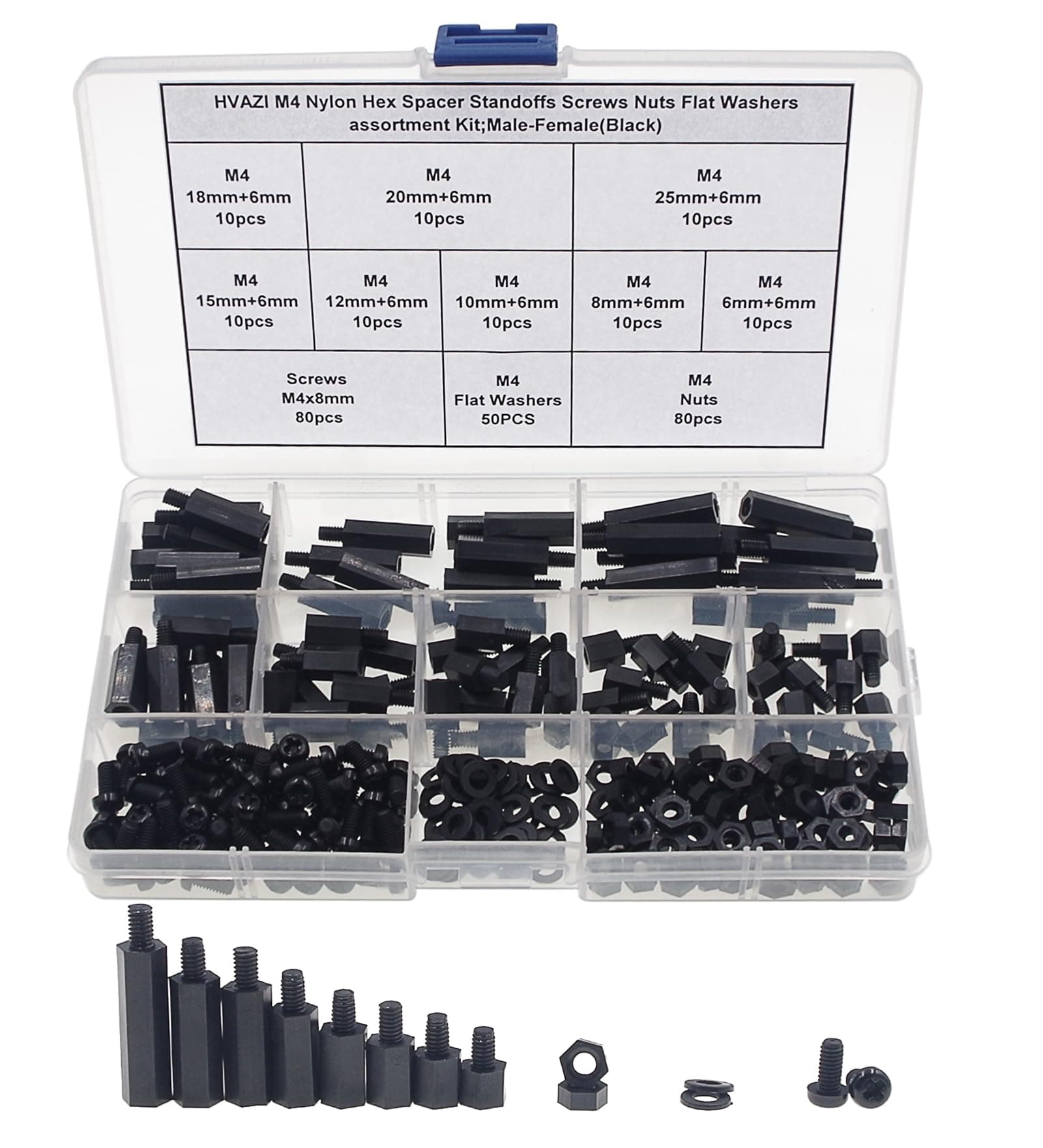 M4 Nylon Hex Spacer Standoffs Screws Nuts Flat Washers Assortment Kit;Male-Female(Black)