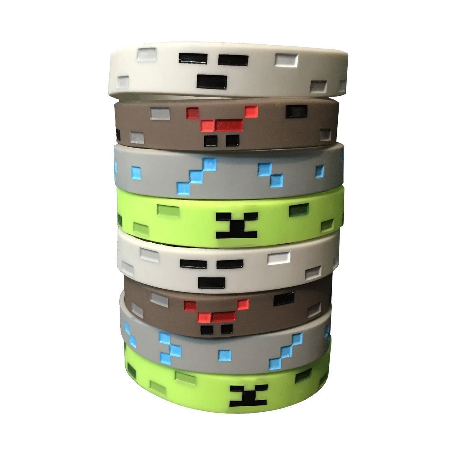 Pixel Miner Crafting Style Character Wristband Sets (8 Pack)- Pixel Theme Bracelet Designs - Spider, Creepah, Skeleton, Diamond - 2 of Each Style, Birthday Party Supplies or Party Favors
