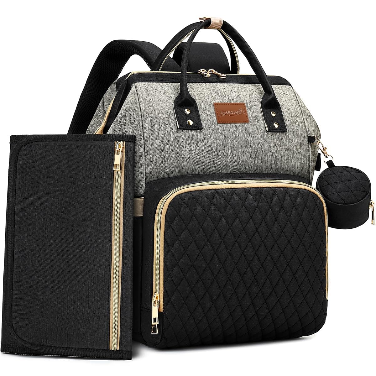 Diaper Bag Backpack with Changing Pad, Pacifier Case, Baby Bag for Boy Girl Toddler - Large, Stylish, Waterproof Travel Quilted Diaper Bag for Mom - Baby Shower - Black Grey