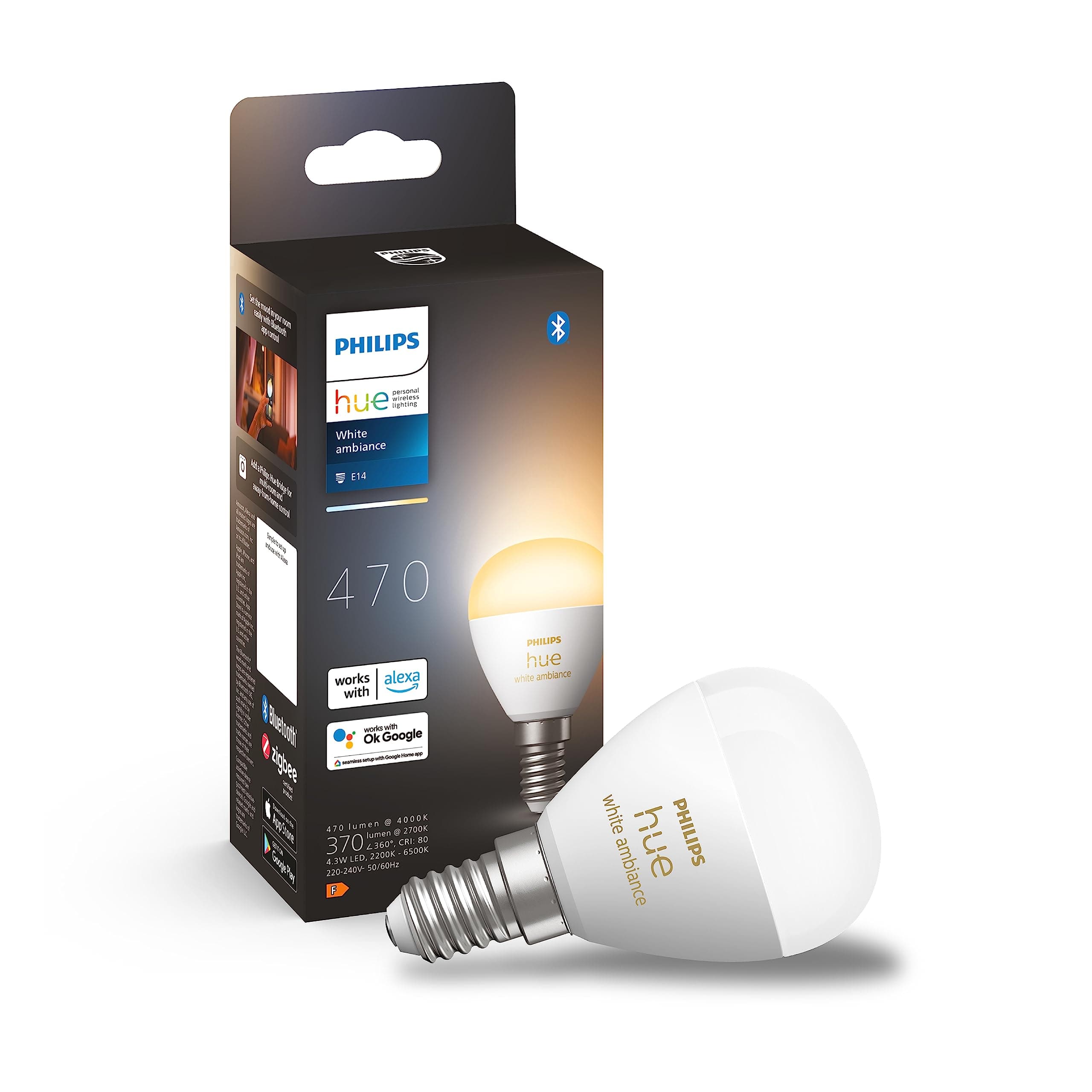 Philips Hue White, E27 LED Smart Bulb, 806 Lumens, Bluetooth Compatible, Compatible with Alexa, 2 Pack