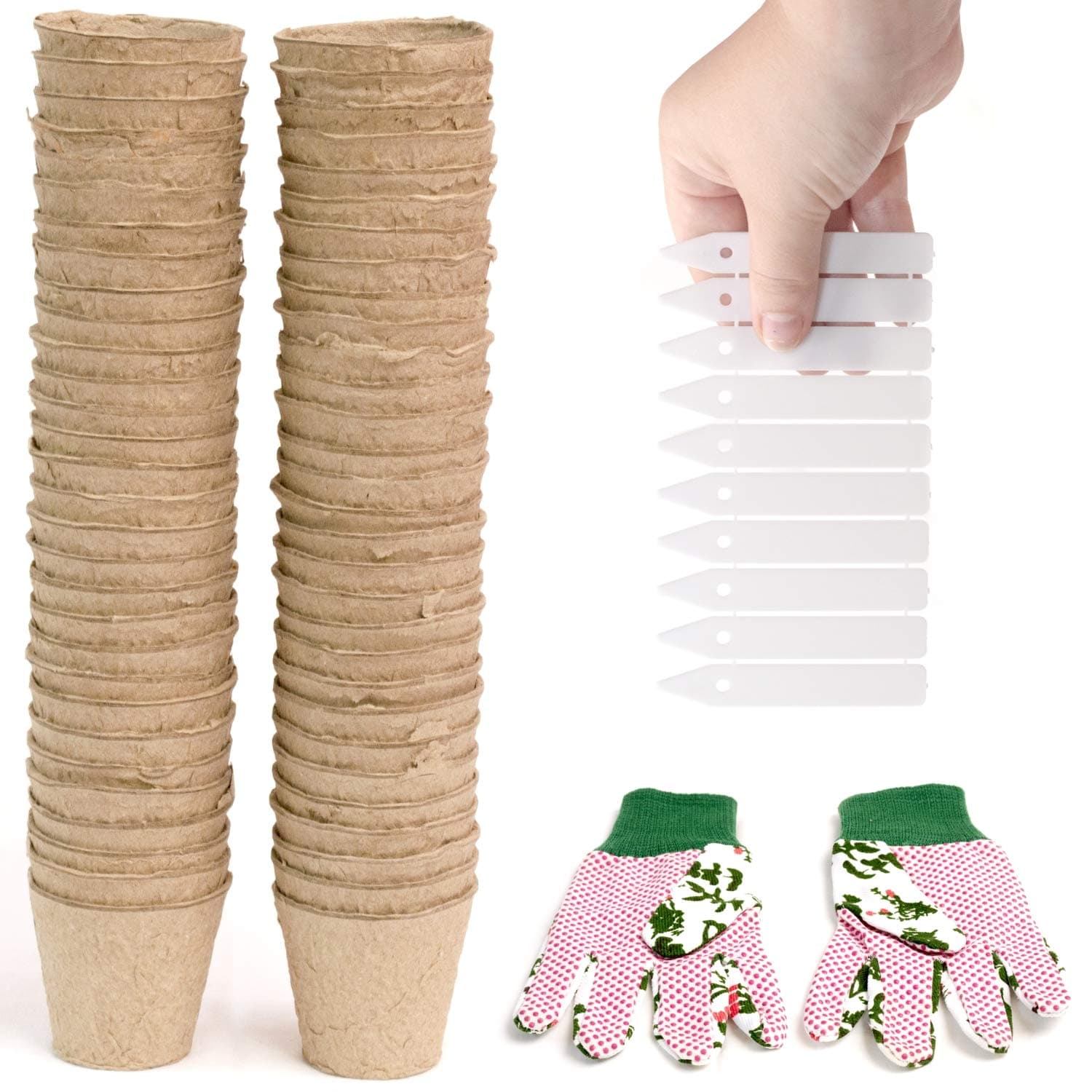 MOORSA 2.36 Inch Round Peat Pots for Seedling - Pack of 60 Seed Starter Kit - Eco-Friendly and Biodegradable - for Seed Starters, Flowers, Vegetables, Saplings - Plant Labels and Gloves Included