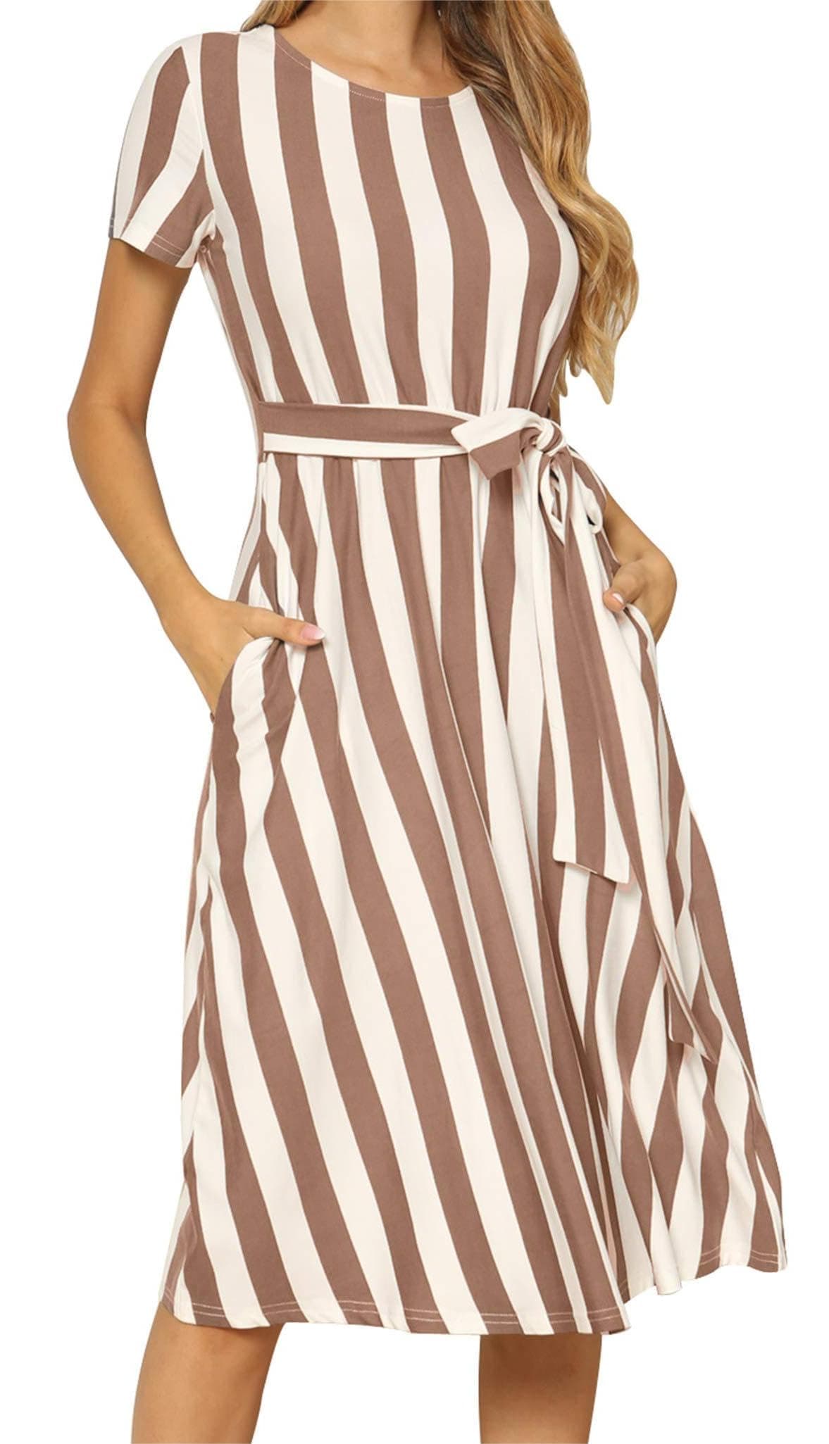 levaca Women's Short Sleeve Striped Casual Flowy Midi Belt Dress with Pockets